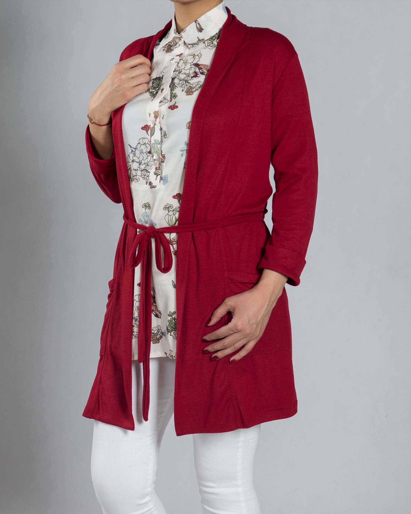 شومیز مجلسی حریر گلدار - شرابی - رو به رو دو تیکه