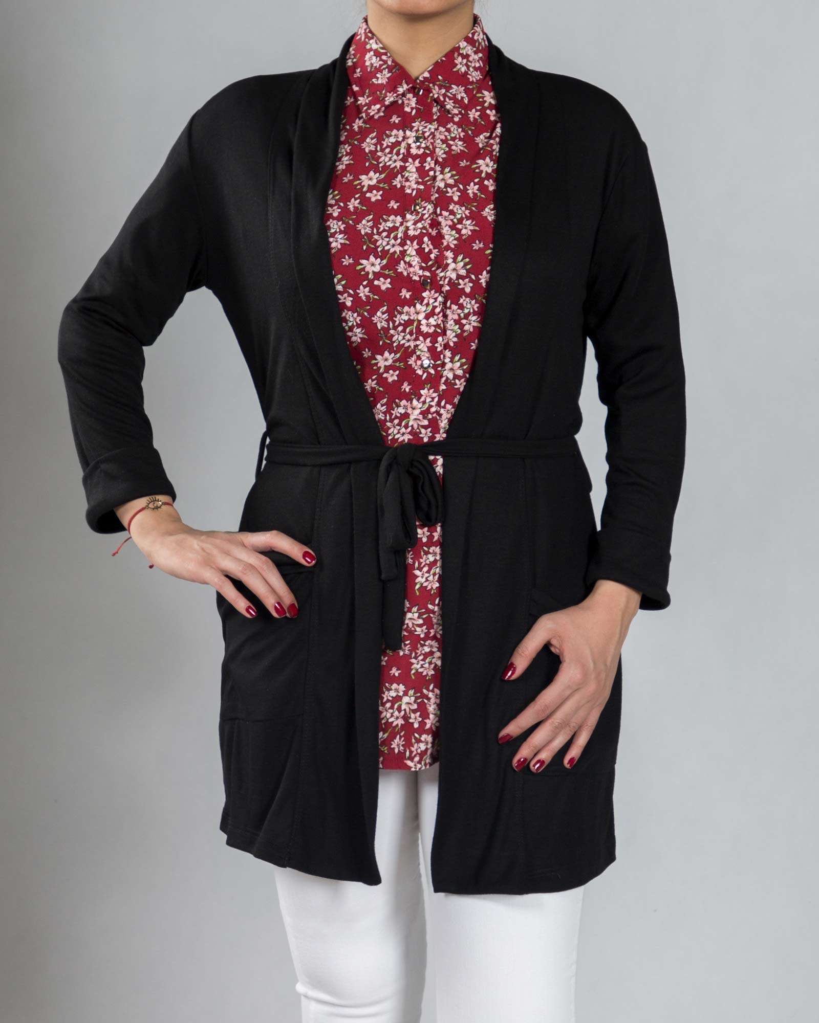 شومیز مجلسی حریر گلدار - مشکی - رو به رو دو تیکه