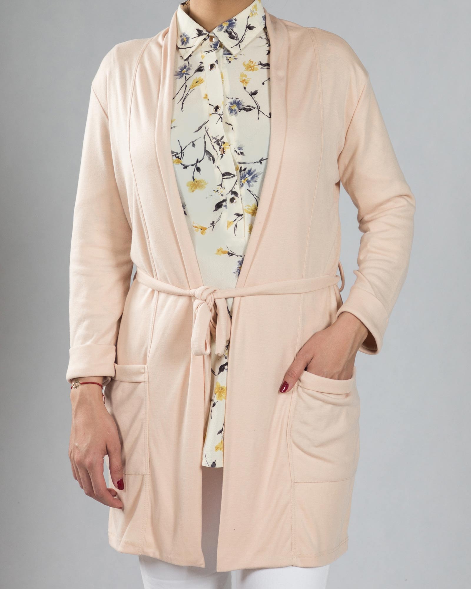 شومیز مجلسی حریر گلدار - گلبهی پاستیلی - رو به رو