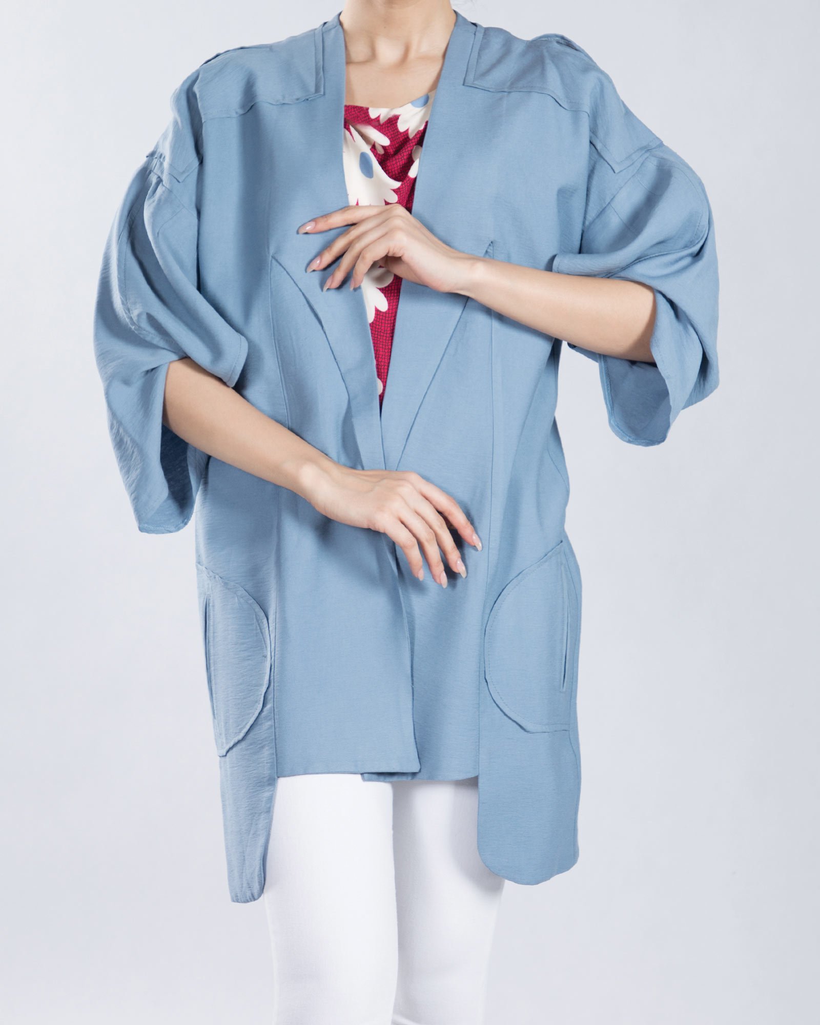 مانتو آستین کیمونو کوتاه - آبی آسمانی - رو به رو