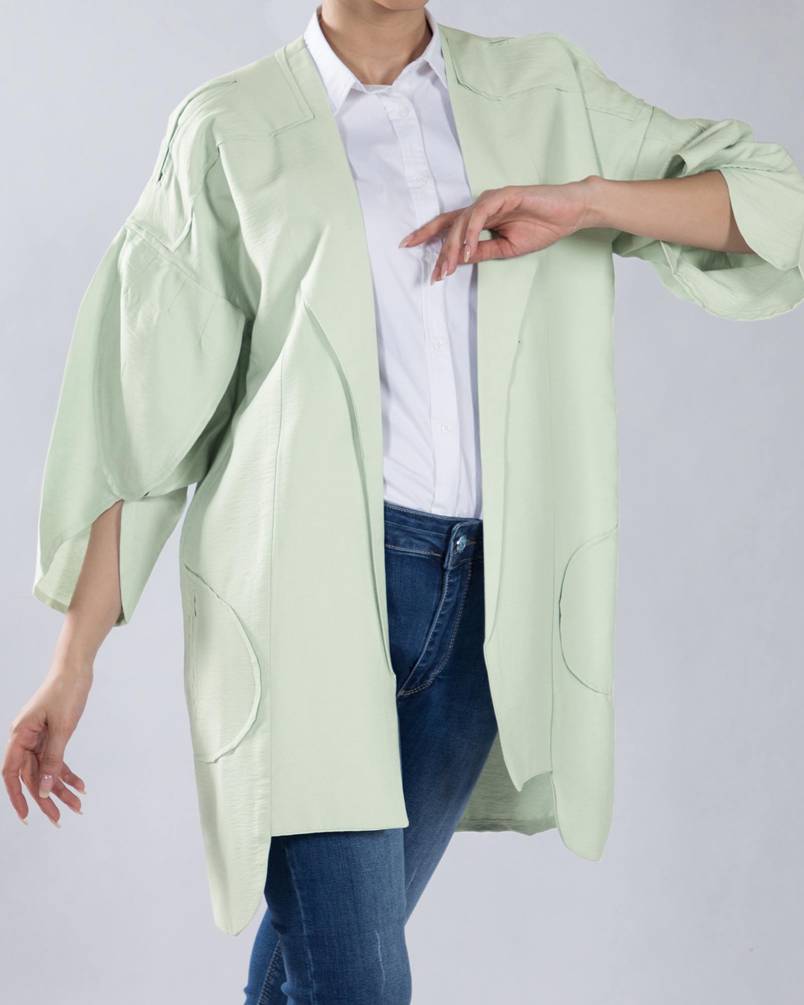 مانتو آستین کیمونو کوتاه - سبز پاستیلی - مانتو جلو باز