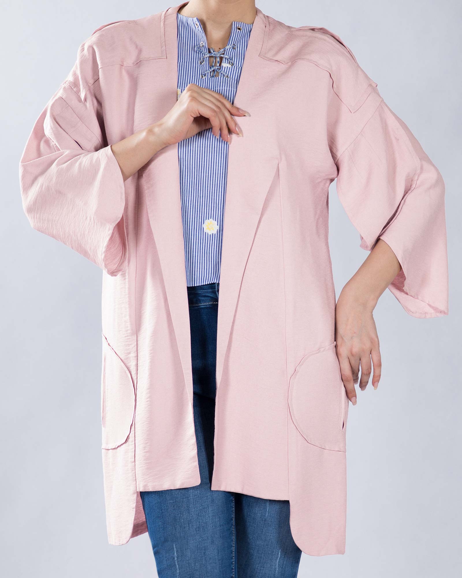 مانتو آستین کیمونو کوتاه - صورتی - رو به رو