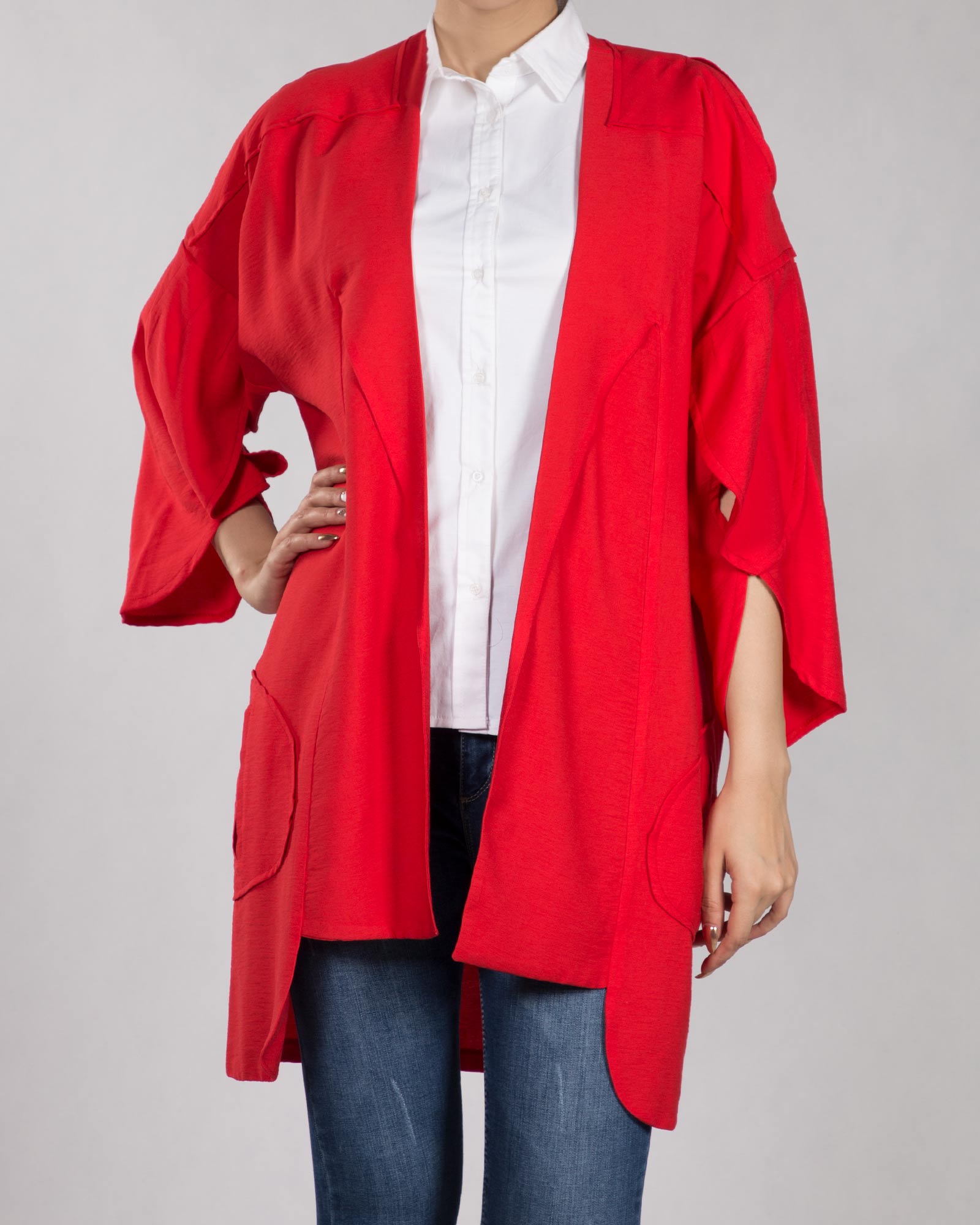 مانتو آستین کیمونو کوتاه - قرمز - رو به رو مانتو