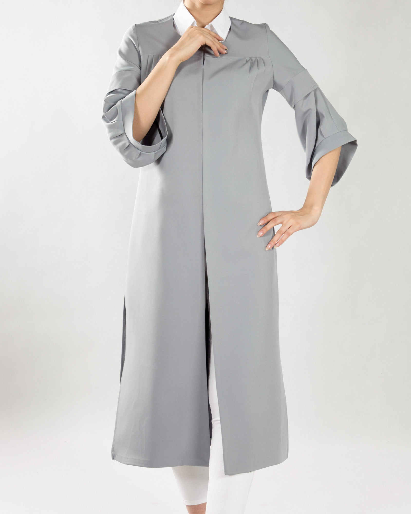 مانتو بلند دخترانه ساده - طوسی - جلو بسته