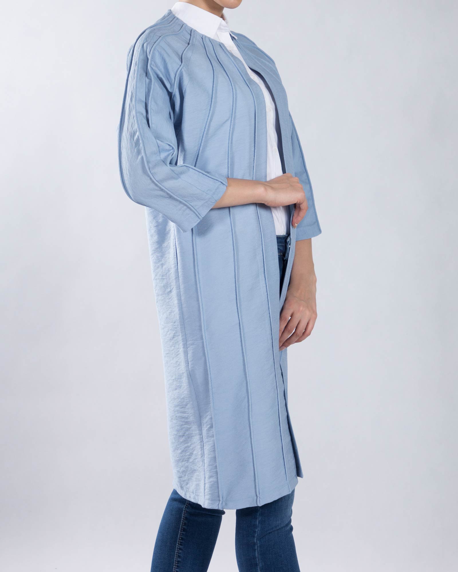 مانتو خط دار بلند - آبی آسمانی - رو به رو