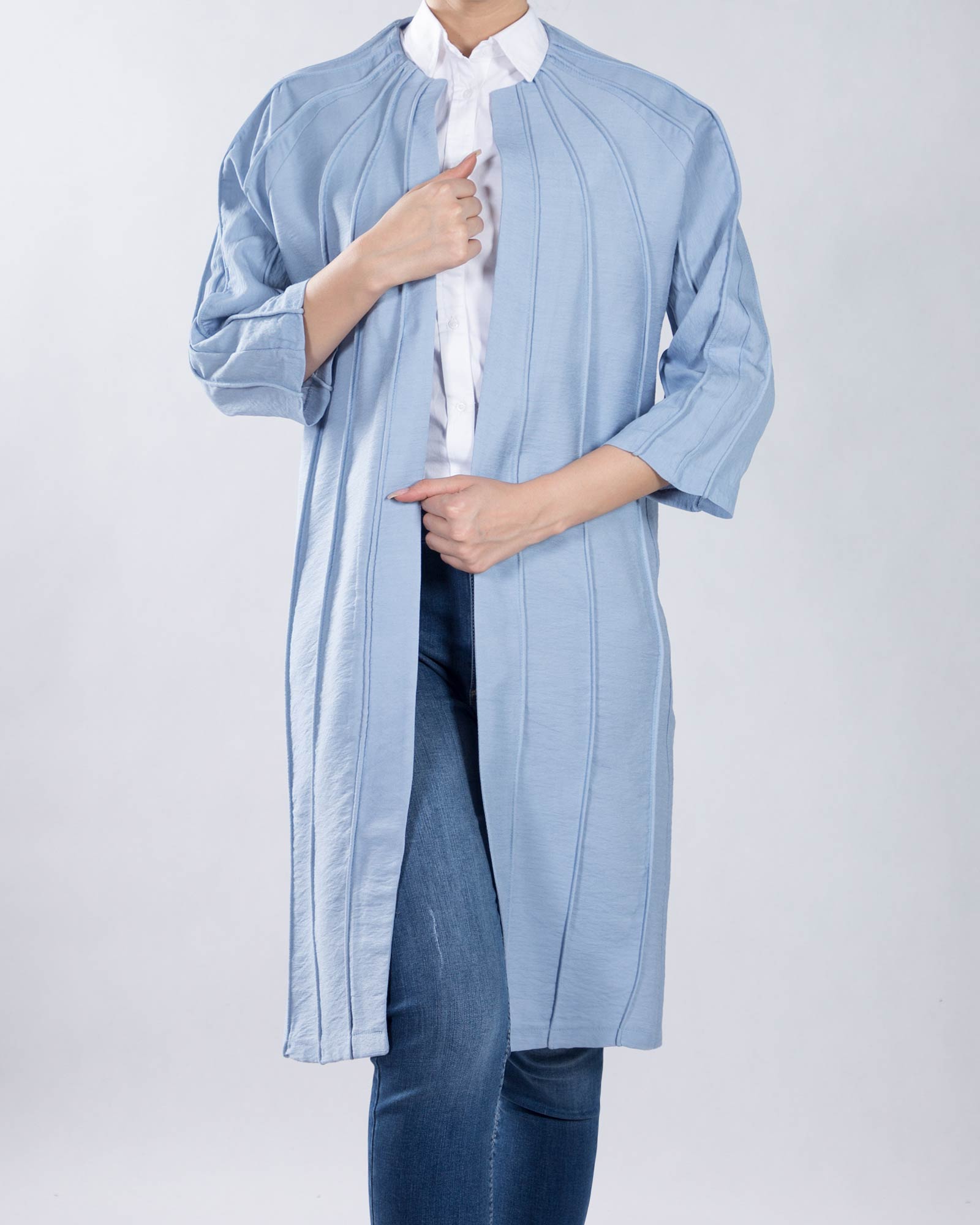 مانتو خط دار بلند - آبی آسمانی - مانتو جلو باز