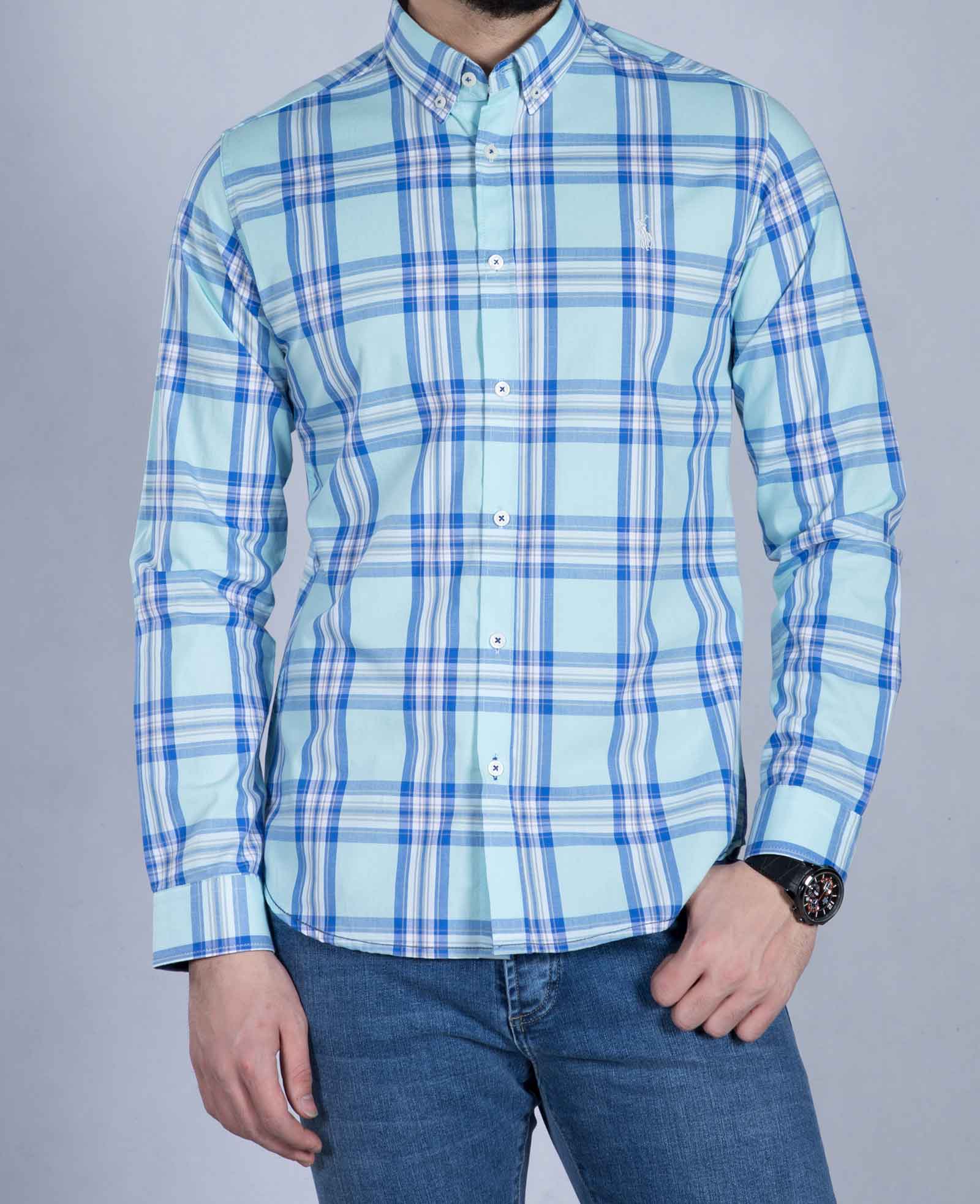 پیراهن آستین بلند اسپرت چهارخانه - آبی آسمانی - رو به رو