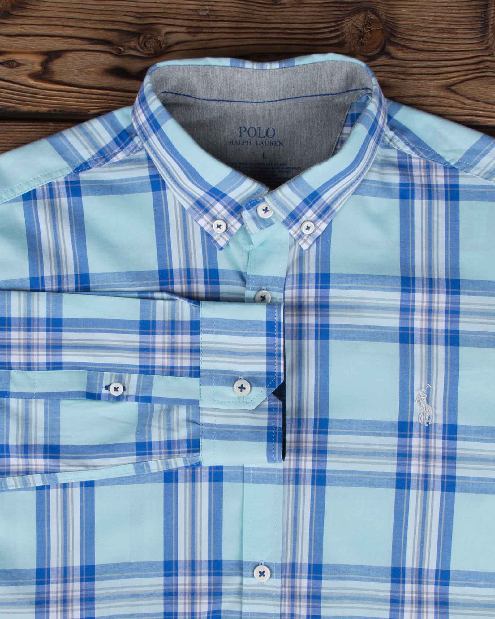 پیراهن آستین بلند اسپرت چهارخانه - آبی آسمانی - یقه آستین