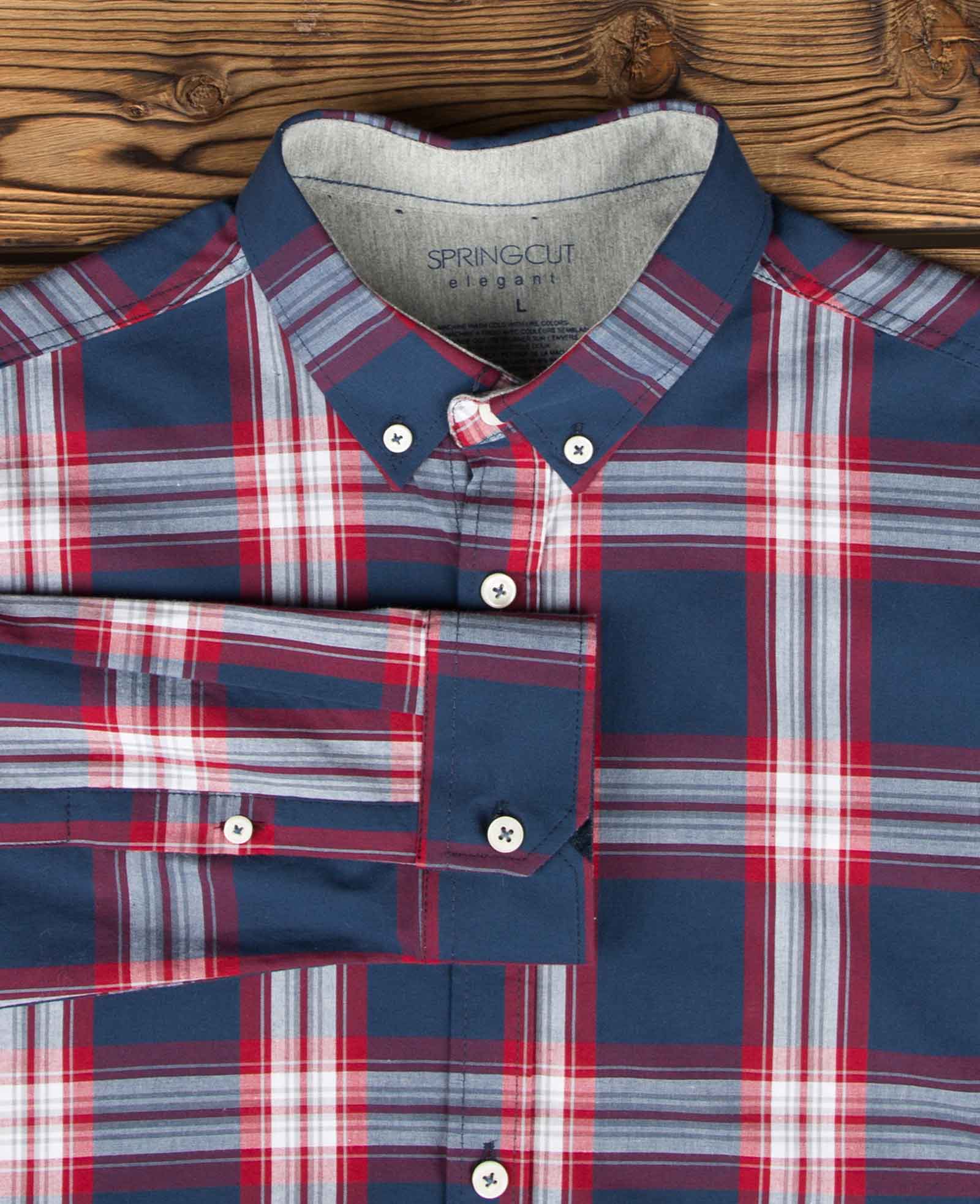 پیراهن آستین بلند اسپرت چهارخانه - سرمه ای - آستین یقه