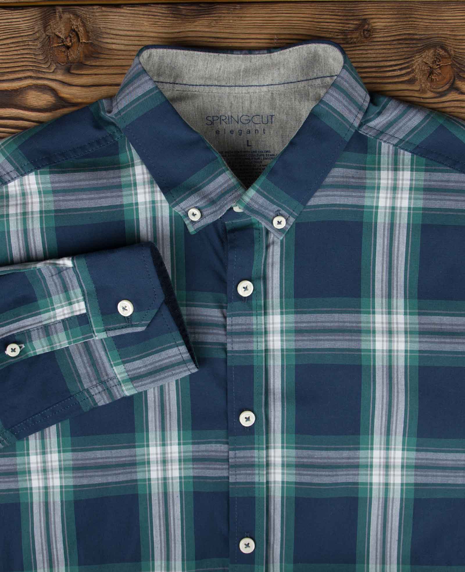 پیراهن آستین بلند اسپرت چهارخانه - سرمه ای تیره - آستین یقه