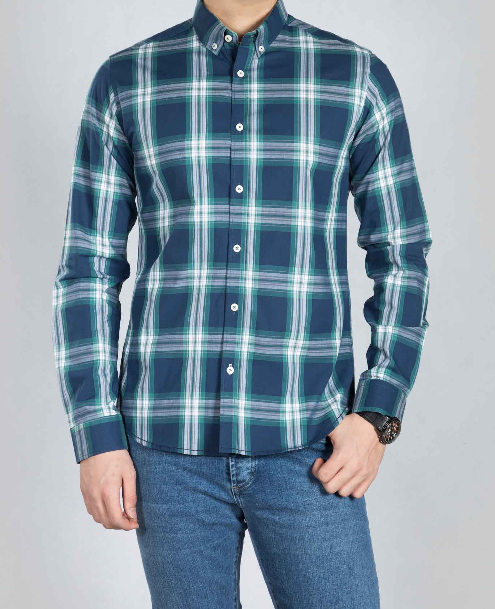 پیراهن آستین بلند اسپرت چهارخانه - سرمه ای تیره - رو به رو