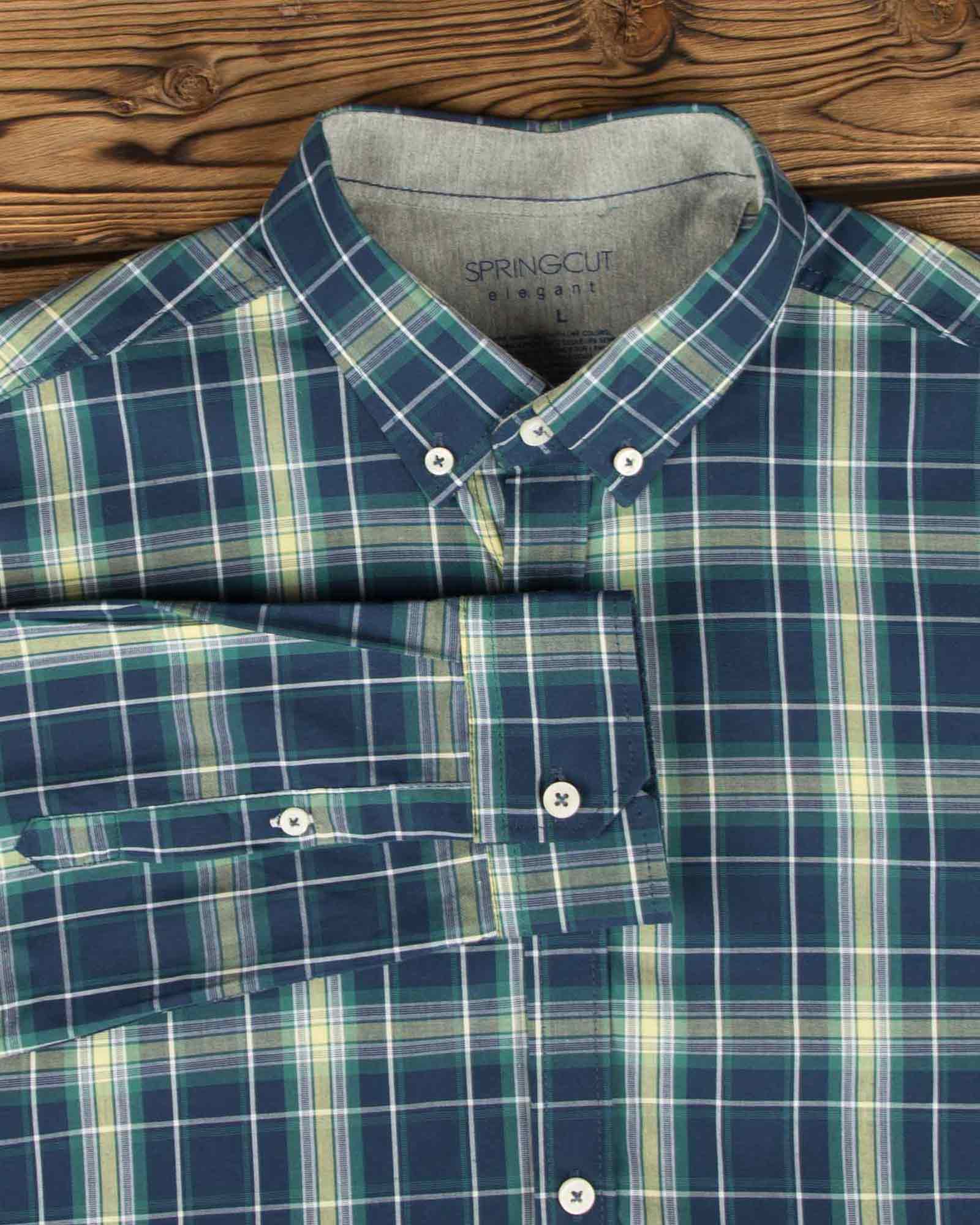 پیراهن آستین بلند مردانه چهارخانه - سرمه ای تیره - یقه آستین