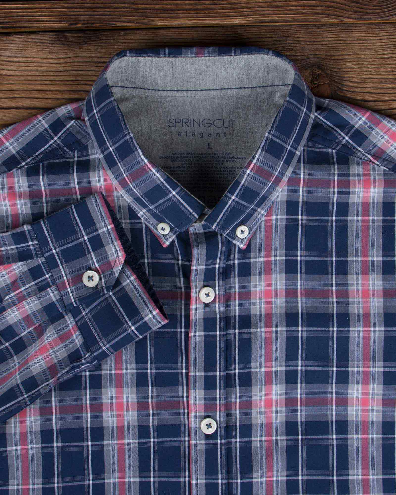 پیراهن آستین بلند مردانه چهارخانه - سرمه ای - یقه آستین