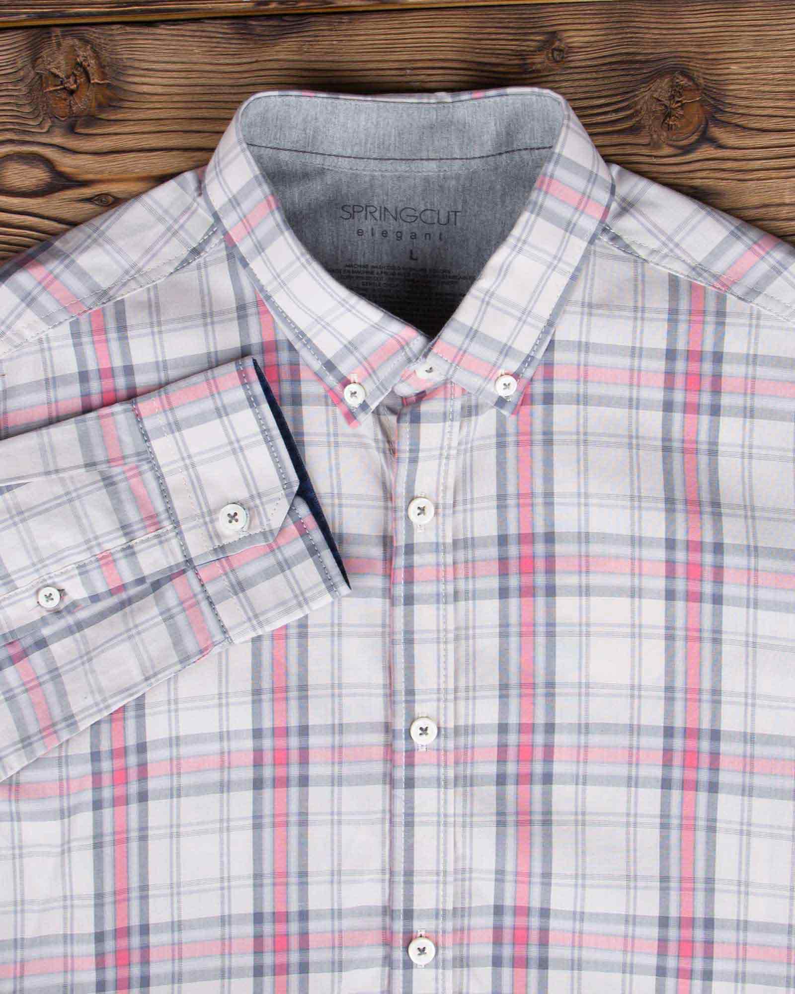 پیراهن آستین بلند مردانه چهارخانه - طوسی کمرنگ - یقه آستین