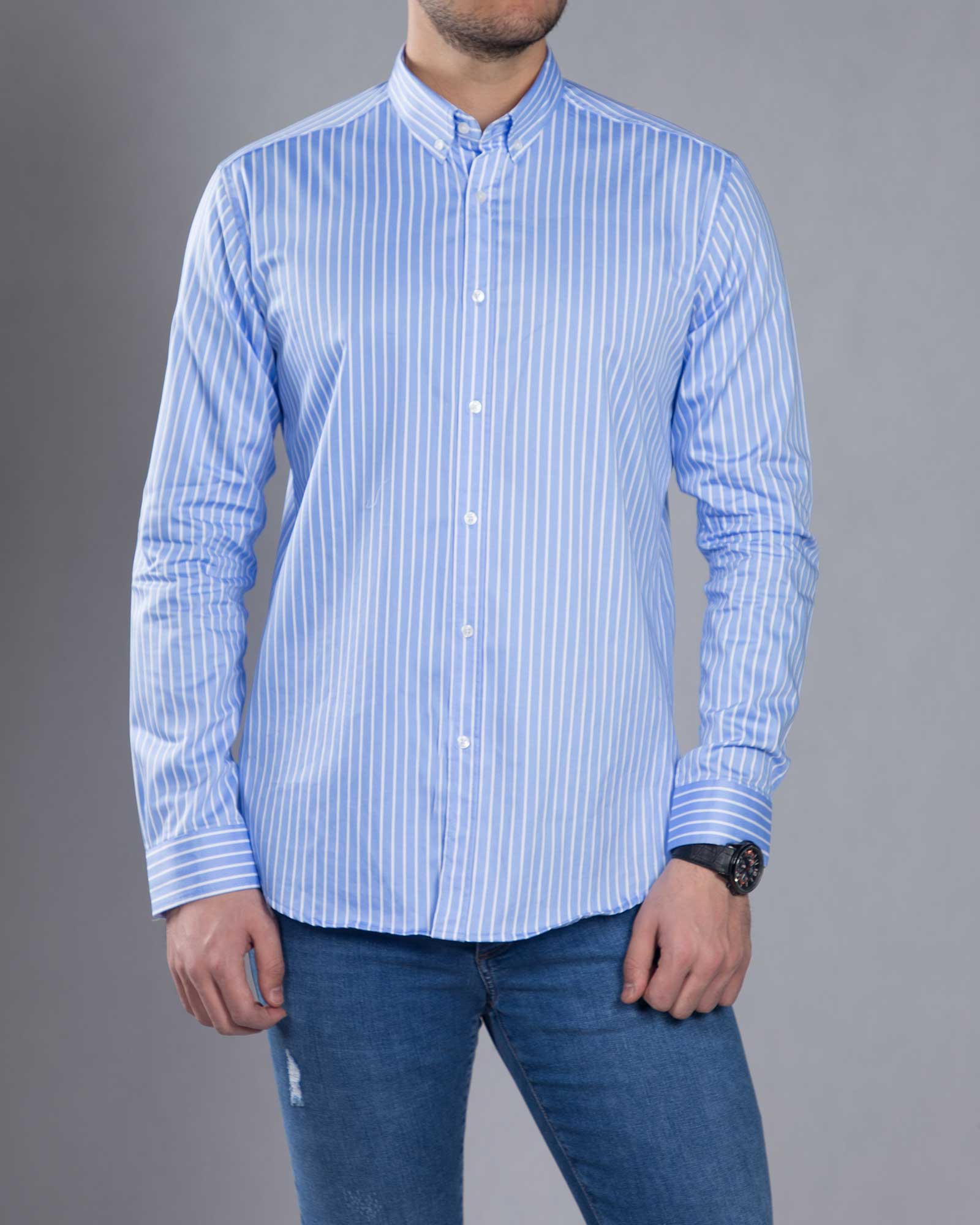 پیراهن اسپرت راه راه مردانه - آبی روشن - رو به رو