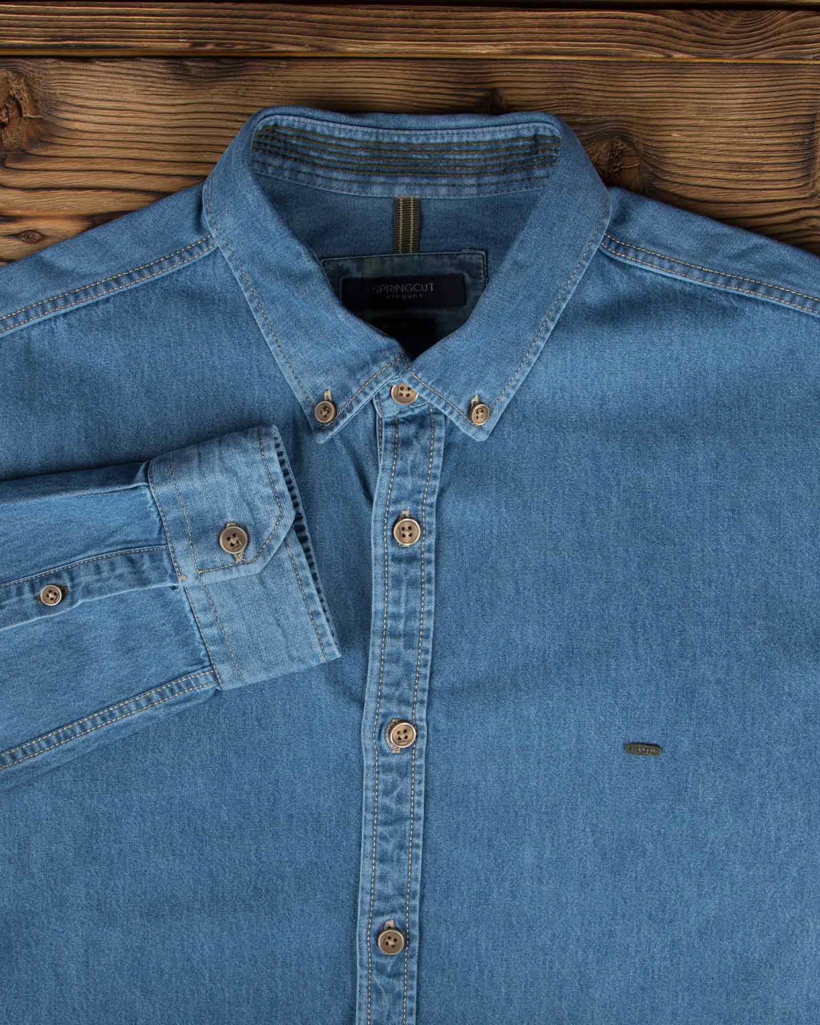پیراهن جین اسپرت آستین بلند - آبی نفتی - یقه مردونه