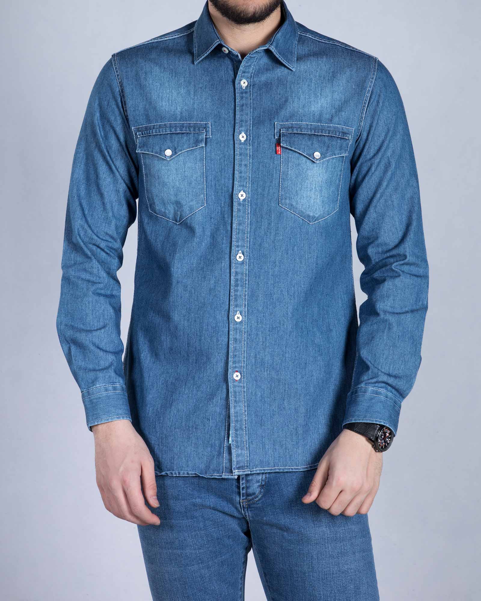 پیراهن جین دو جیب مردانه - آبی - رو به رو