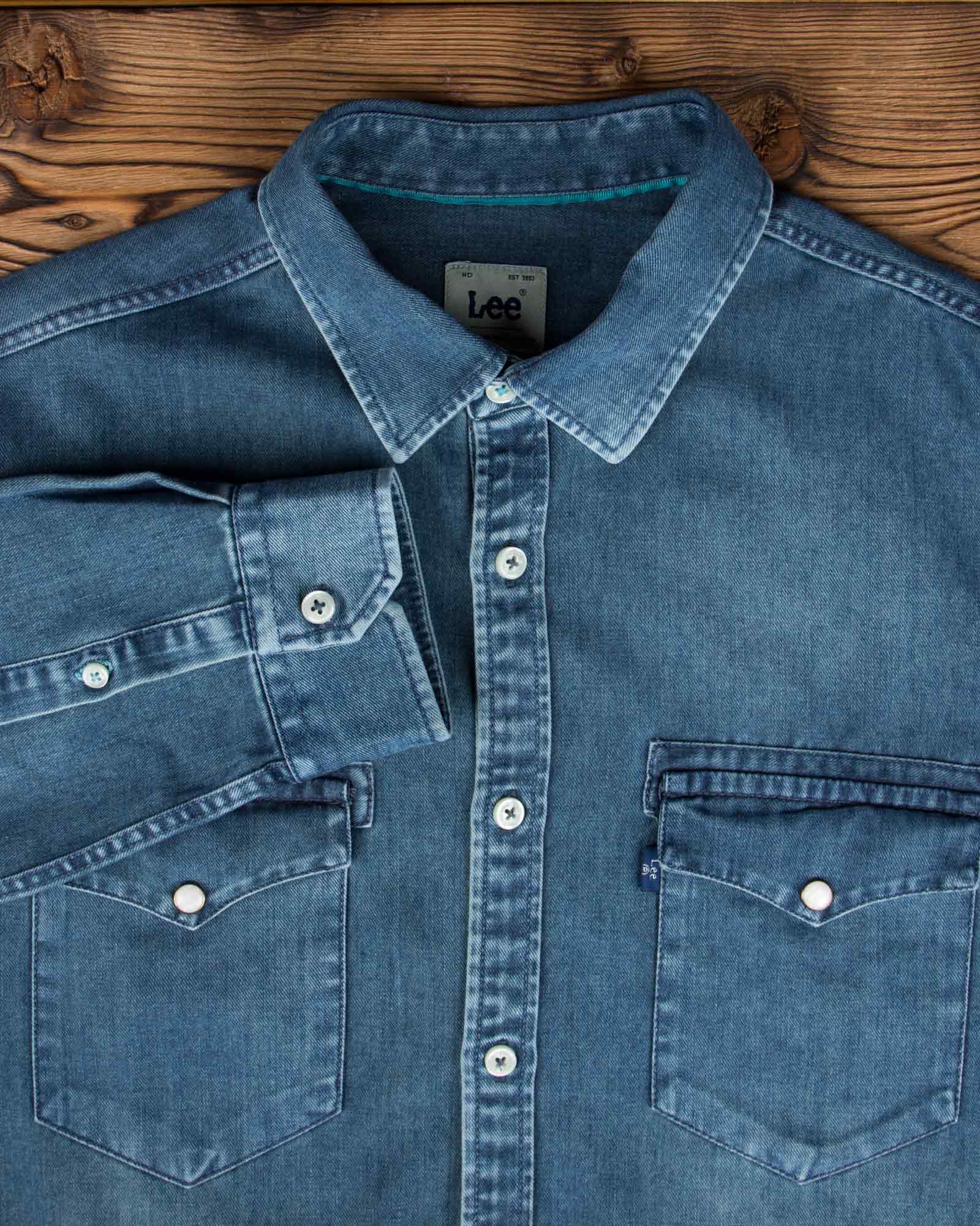 پیراهن جین دو جیب مردانه - آبی نفتی - آستین یقه مردانه