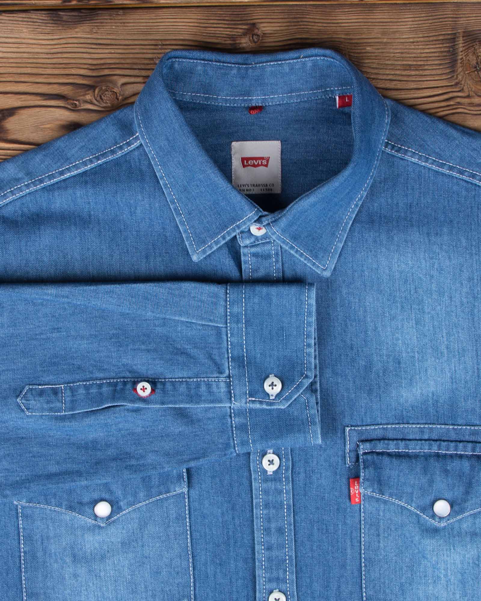 پیراهن جین دو جیب مردانه - نیلی - آستین یقه مردانه