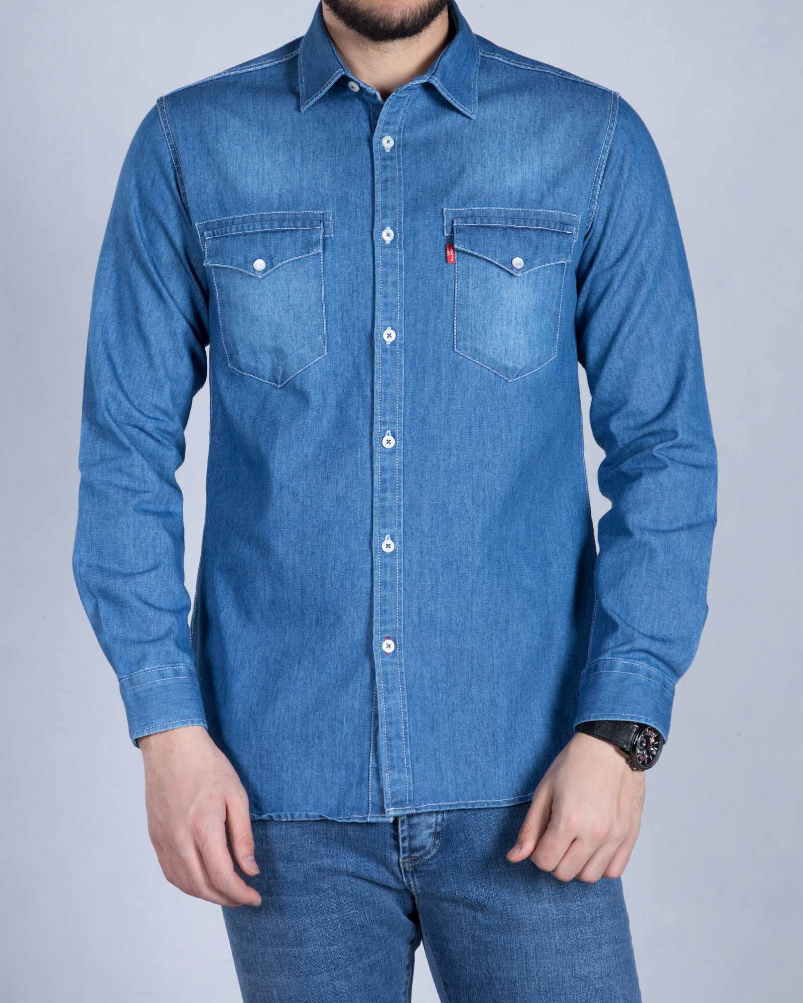 پیراهن جین دو جیب مردانه - نیلی - رو به رو