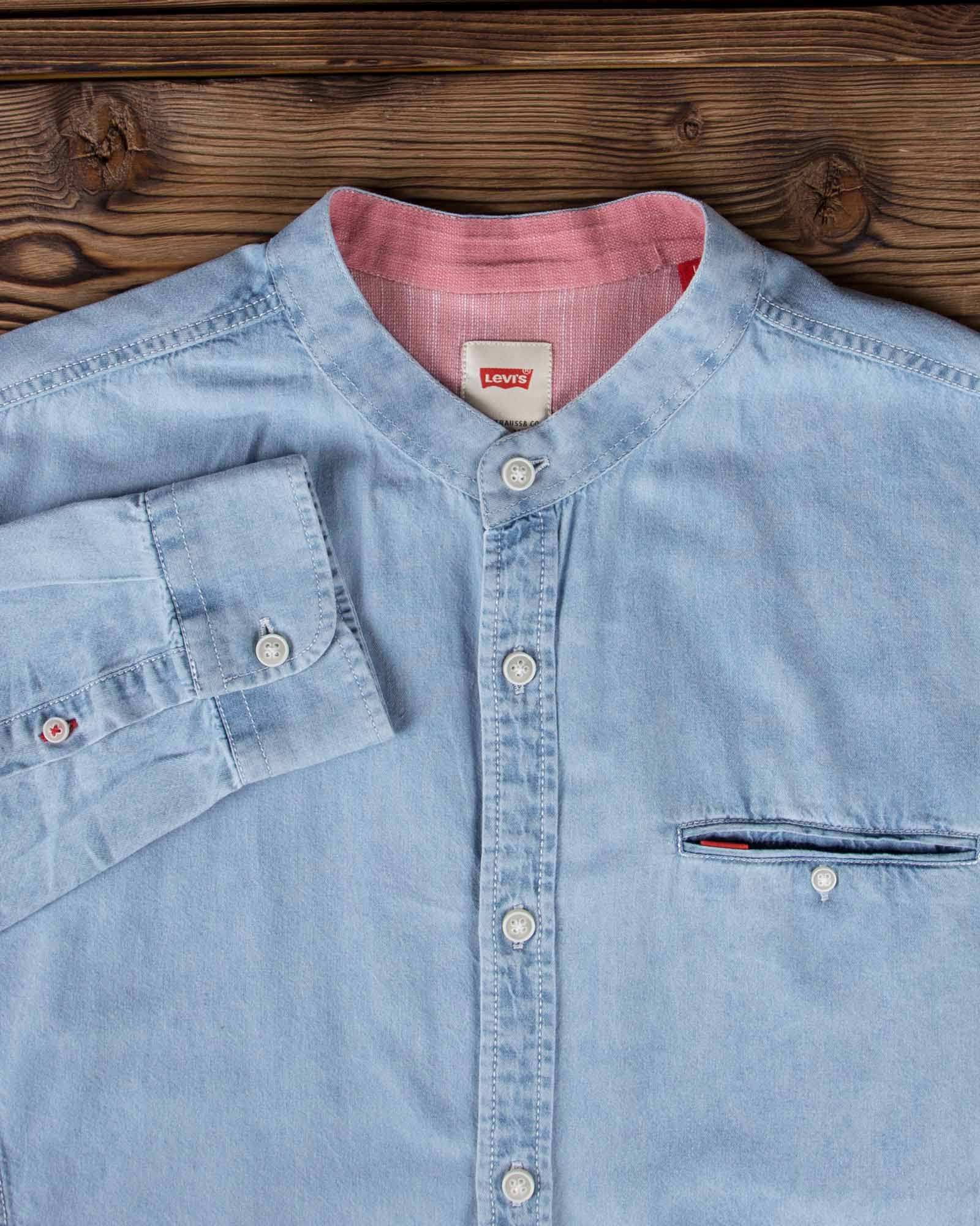 پیراهن جین یقه دیپلمات مردانه - آبی روشن - آستین یقه دیپلمات