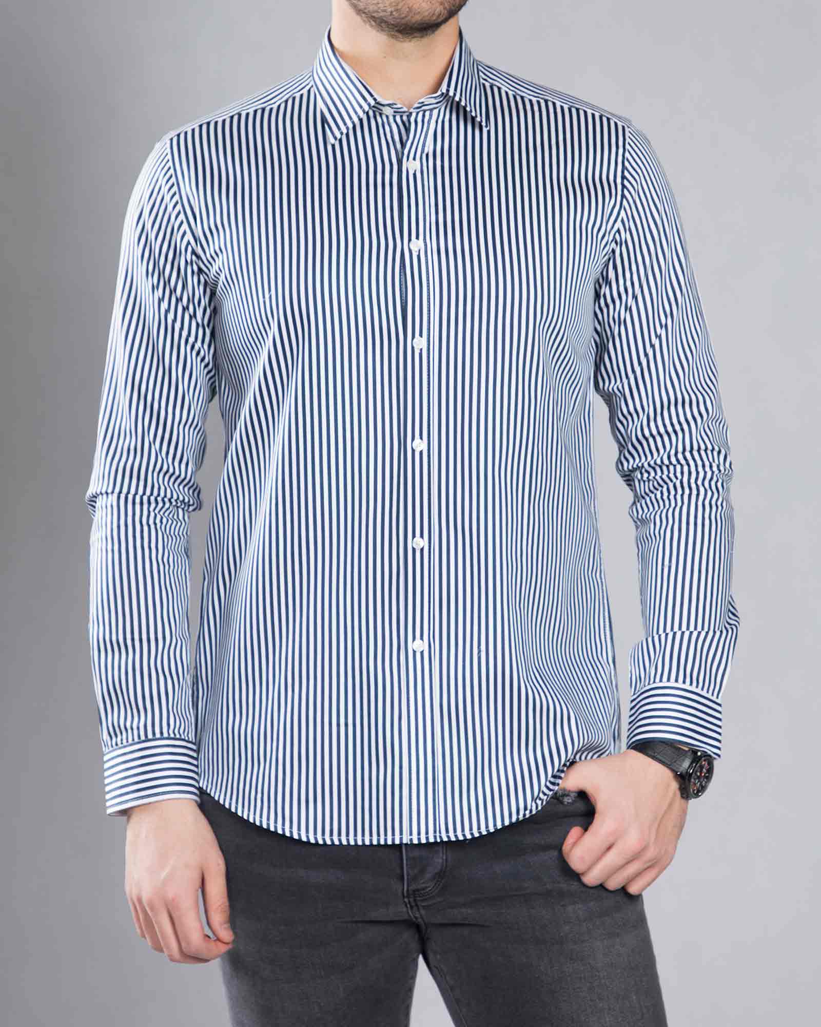 پیراهن راه راه سرمه ای سفید مردانه - سفید - رو به رو