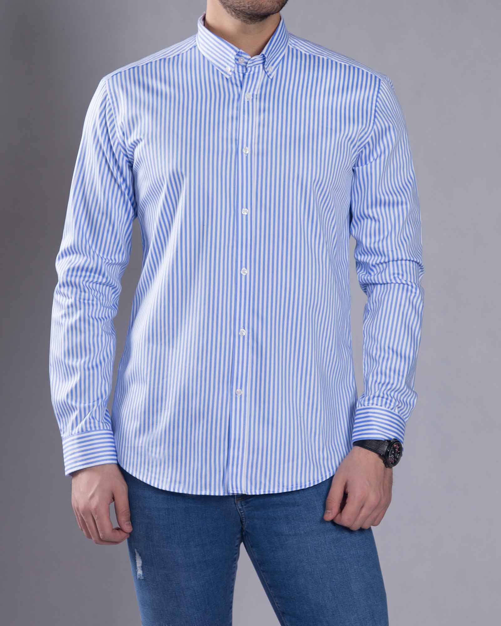 پیراهن مردانه راه راه آبی سفید - آبی روشن - رو به رو