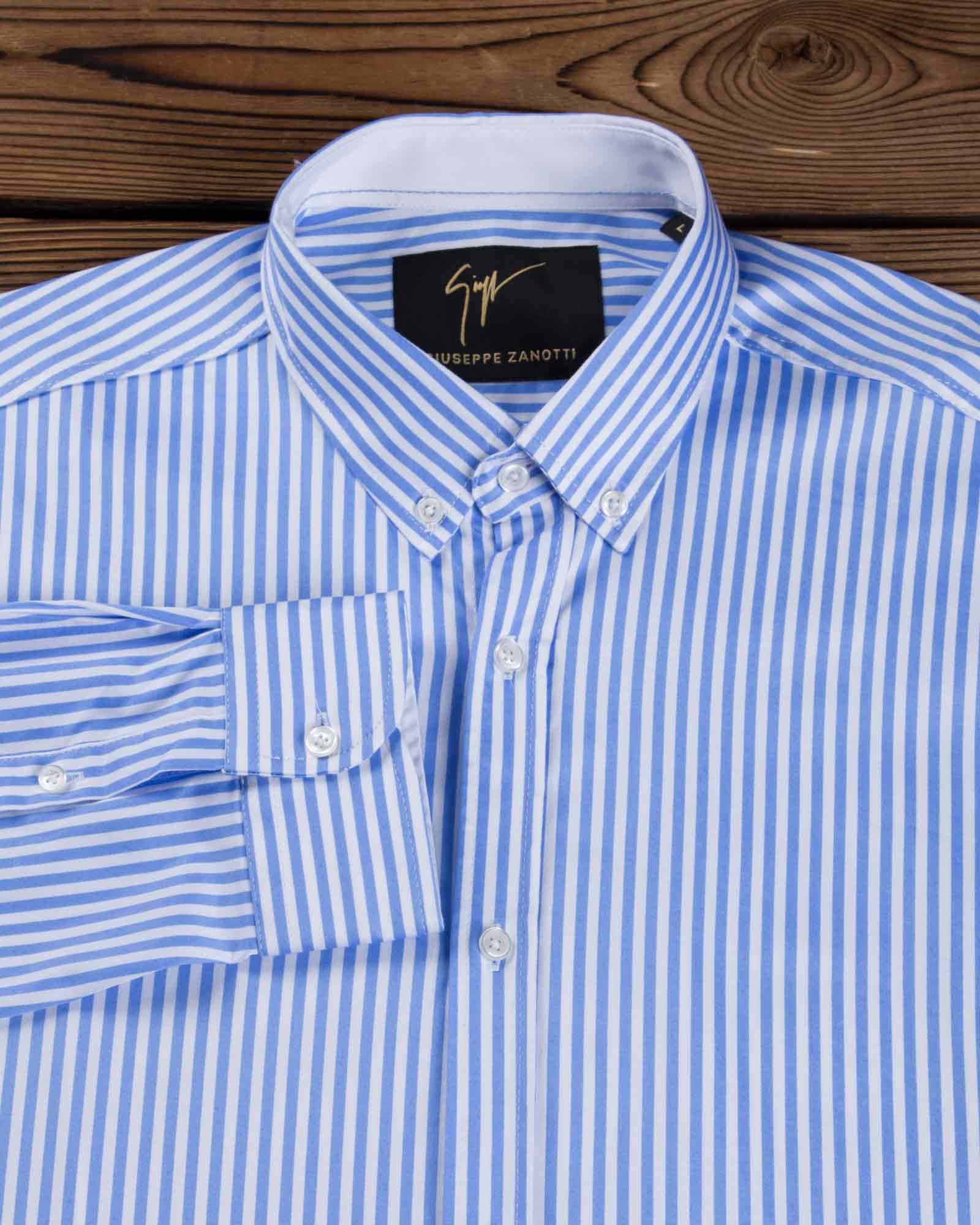 پیراهن مردانه راه راه آبی سفید - آبی روشن - یقه آستین