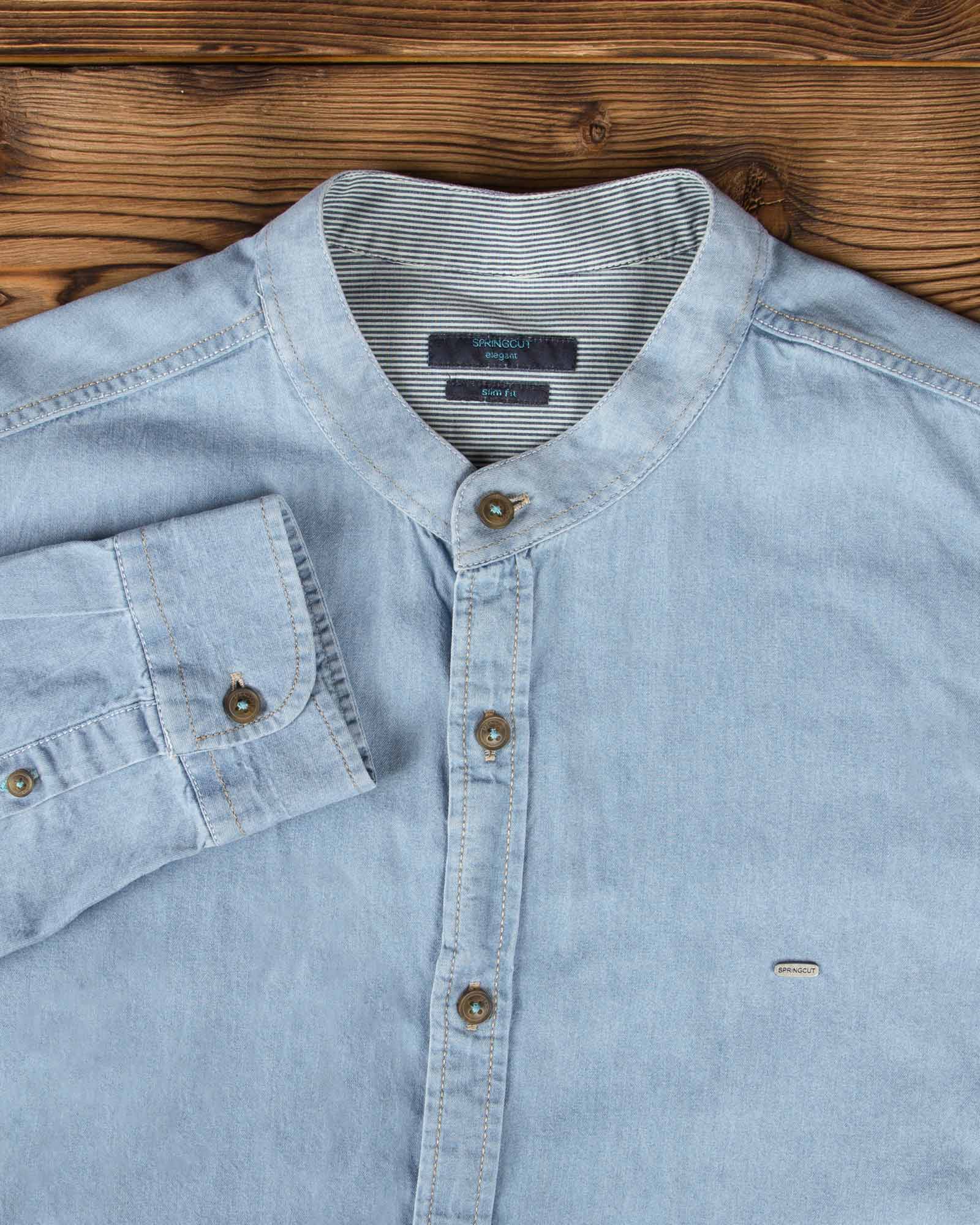 پیراهن مردانه یقه دیپلمات جین - آبی روشن - آستین یقه دیپلمات