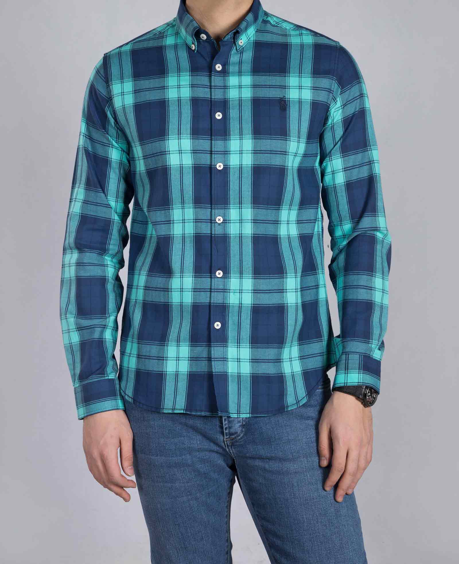 پیراهن چهارخانه درشت مردانه - فیروزه ای - رو به رو