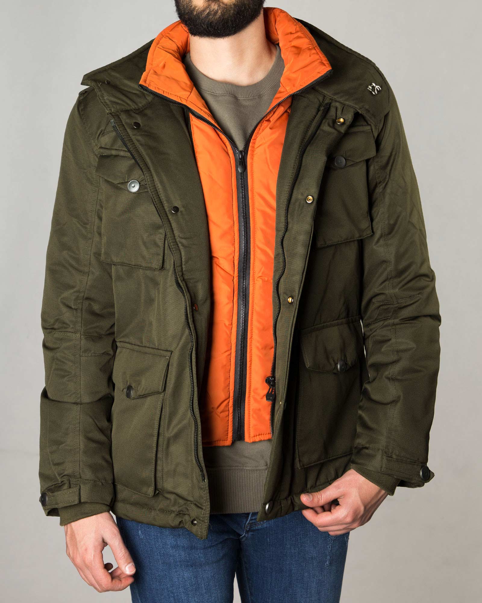 کاپشن دو یقه مردانه - یشمی - جلو بسته