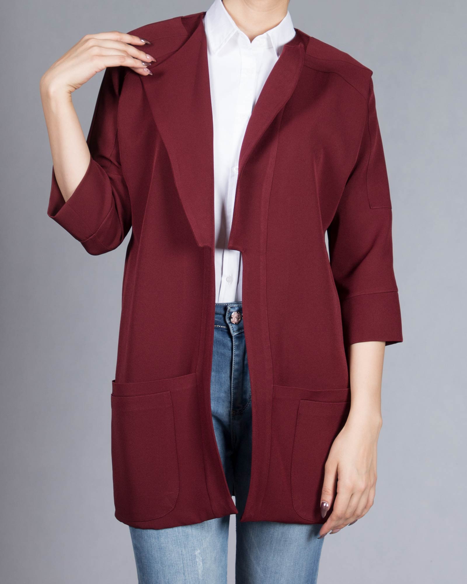 مانتو اسپرت کوتاه کرپ - شرابی - جلو باز