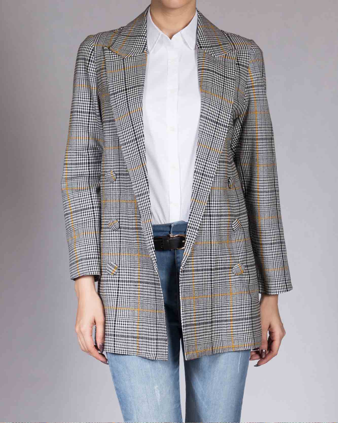 مانتو کتی کوتاه چهارخانه - عسلی - رو به رو