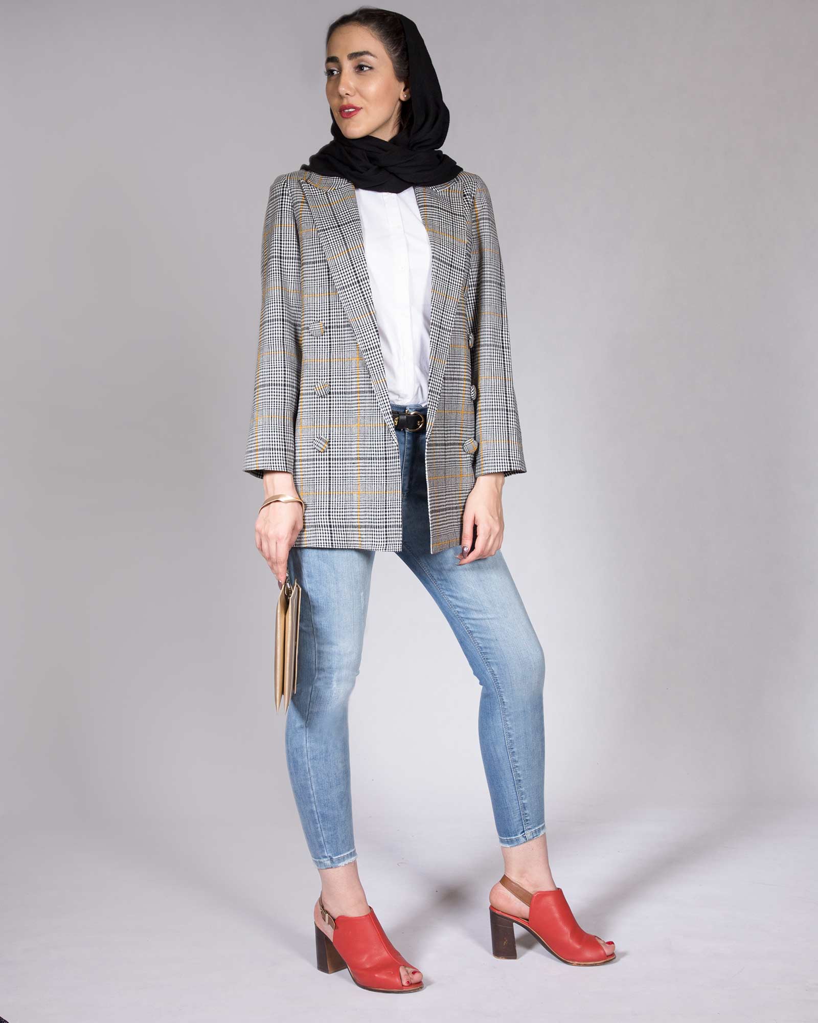 مانتو کتی کوتاه چهارخانه - عسلی - محیطی