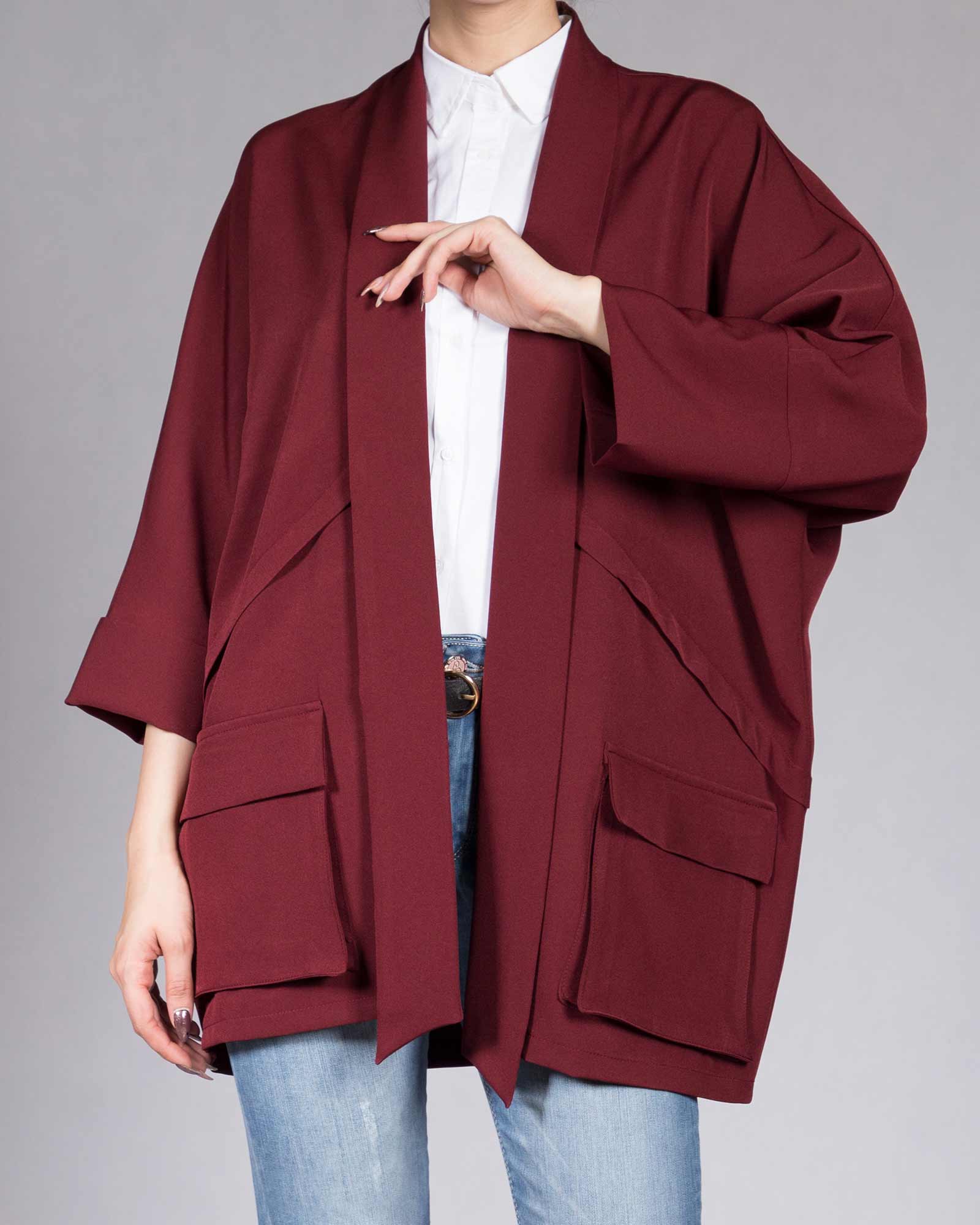 مانتو کوتاه اسپرت ساده - زرشکی - رو به رو