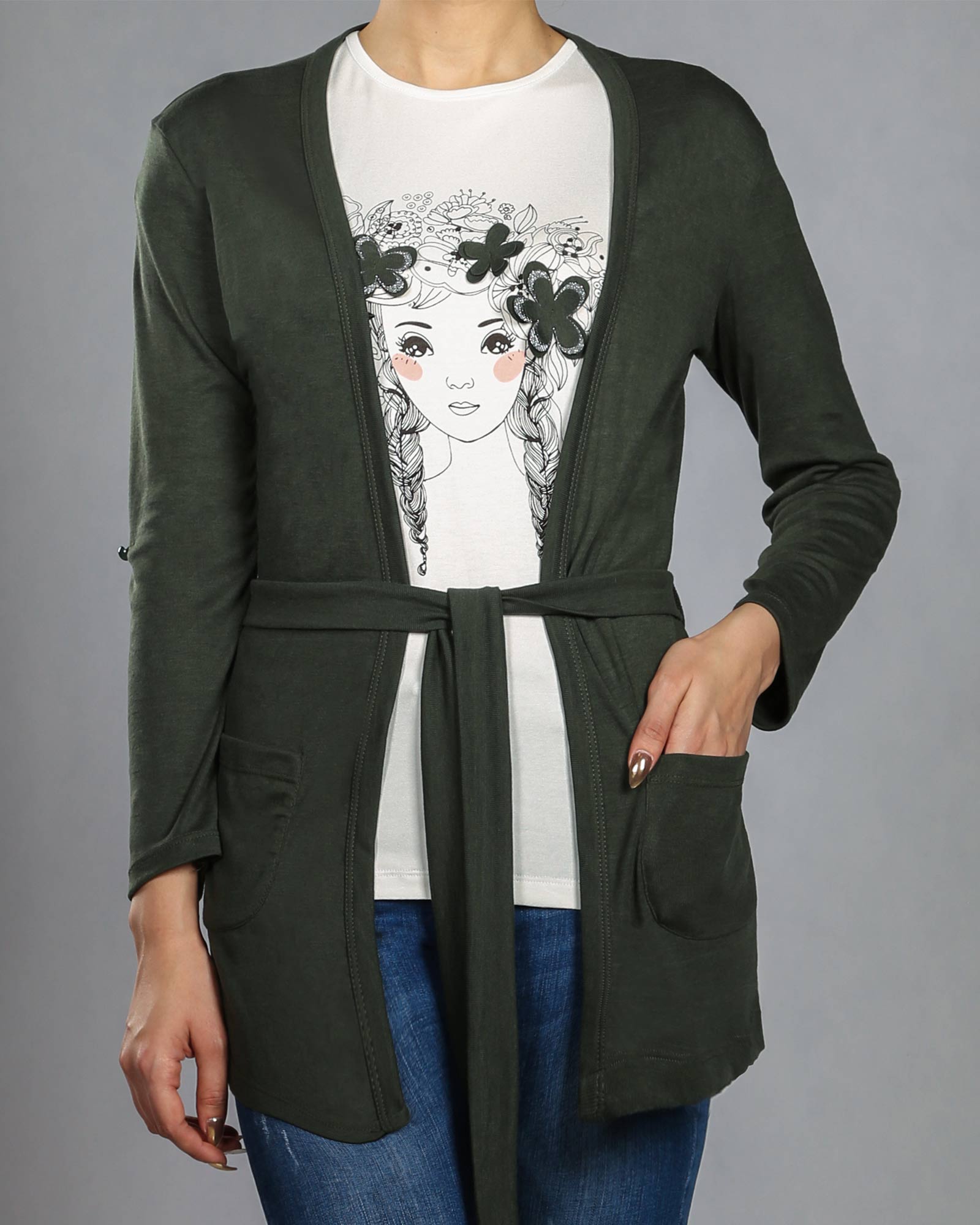 تونیک دخترانه اسپرت جلو باز - یشمی پررنگ - رو به رو