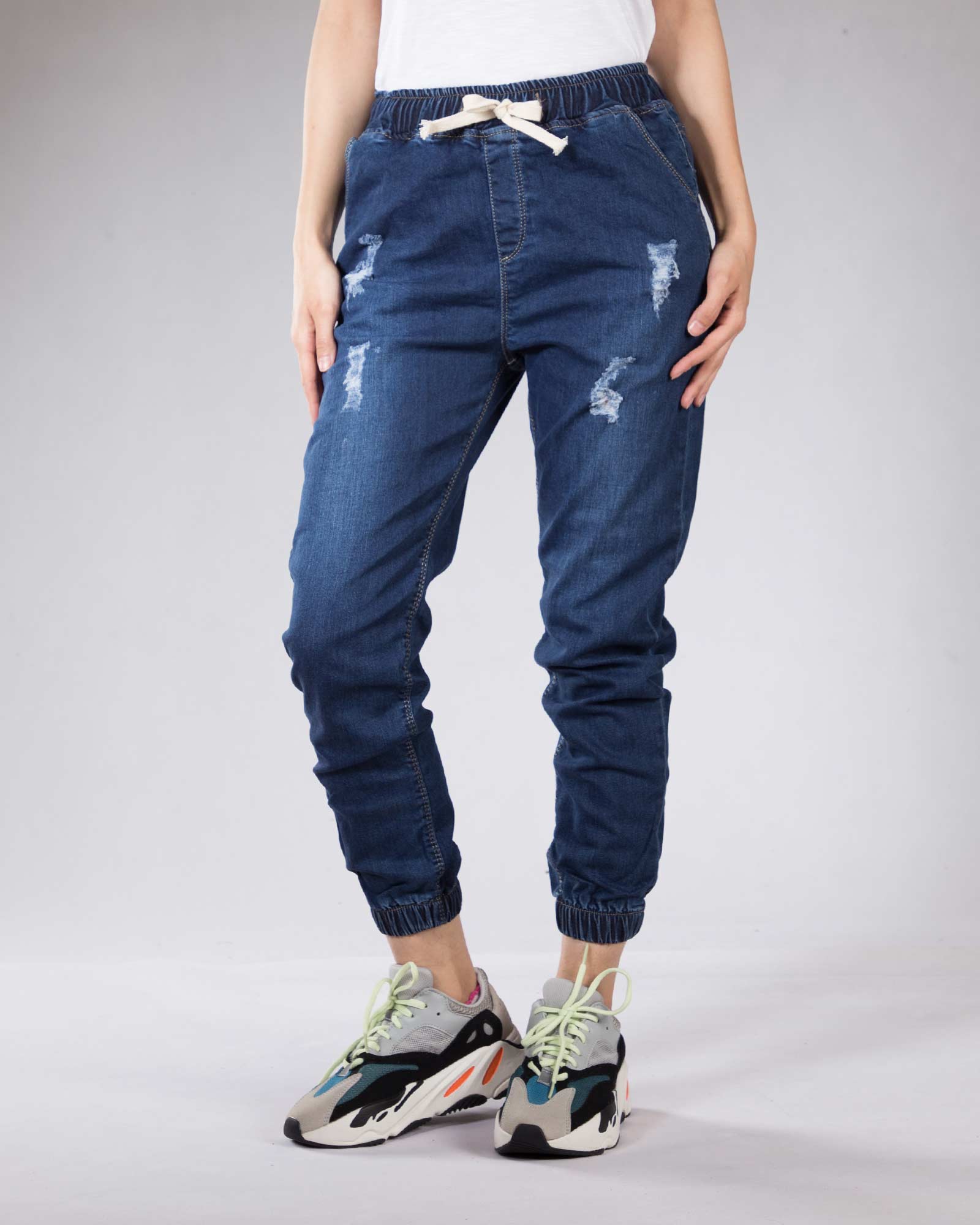 شلوار جین کمر کش دخترانه - آبی کاربنی - رو به رو