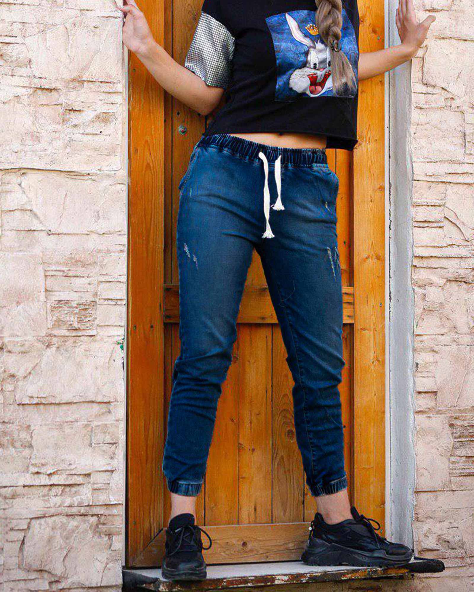 شلوار جین کمر کش دخترانه - آبی کاربنی - محیطی زنانه