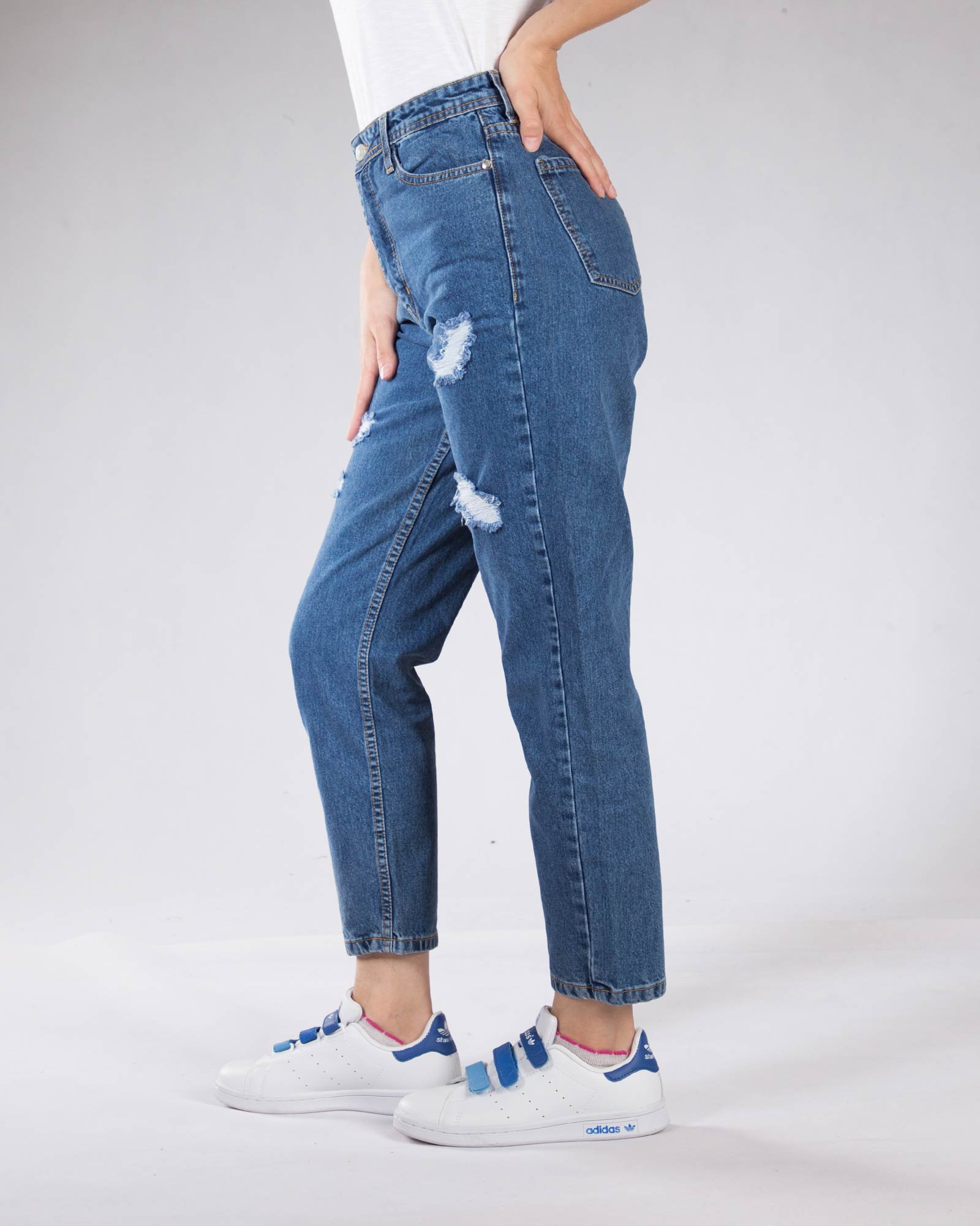 شلوار جین مام استایل زنانه - آبی - بغل