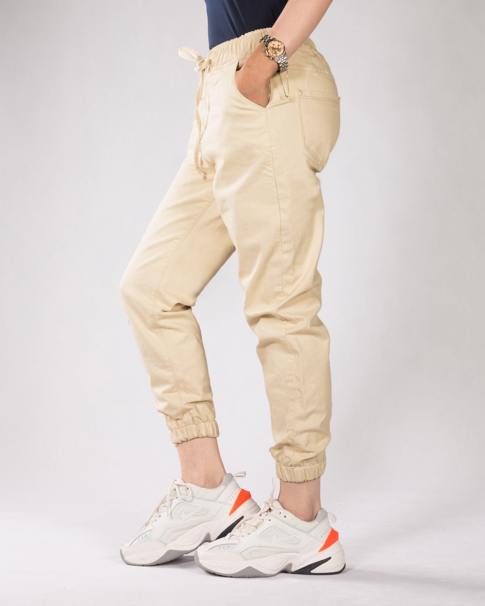 شلوار زنانه کتان گت دار کرمی - کرمی - بغل