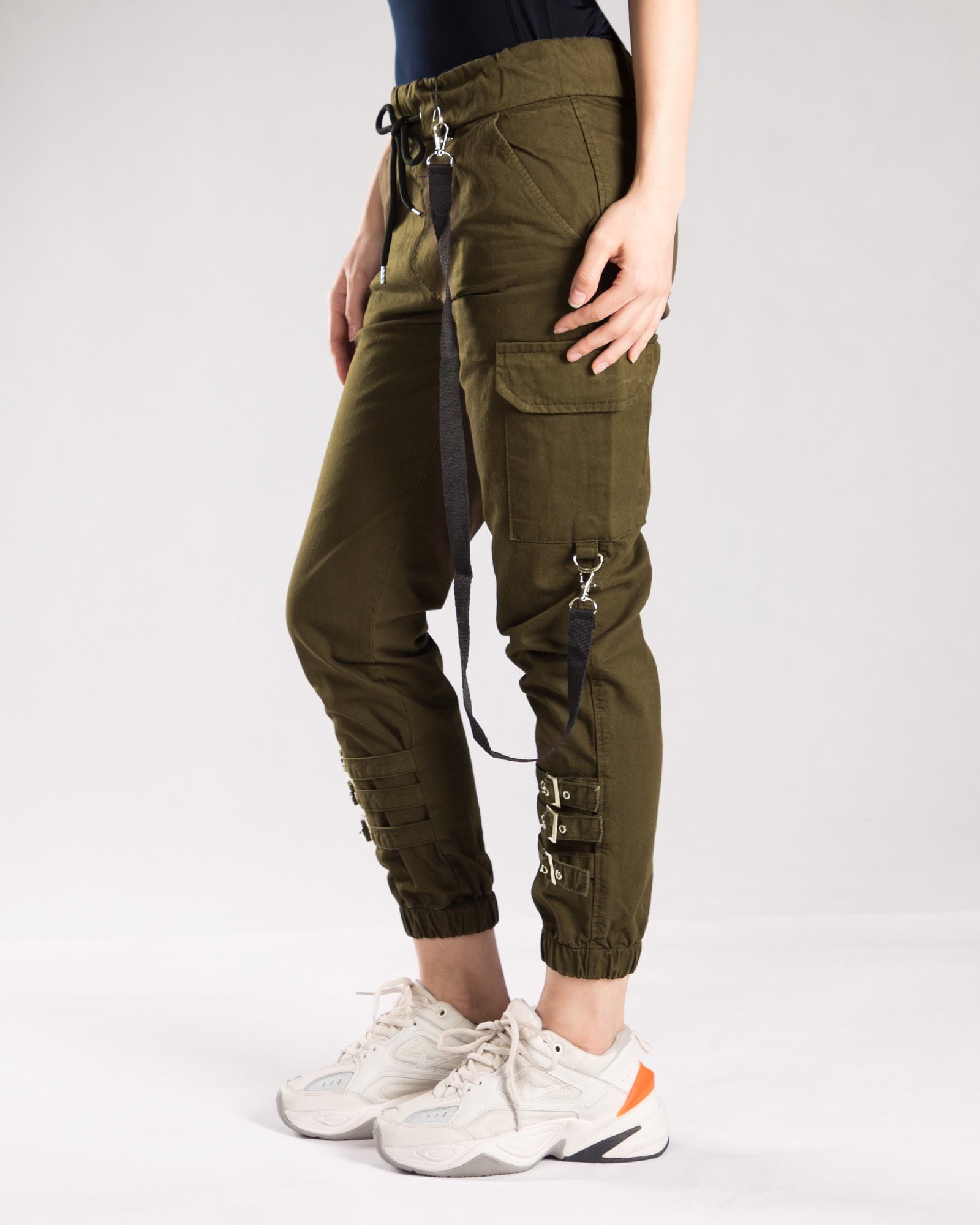 شلوار کتان بند دار زنانه - زیتونی - بغل