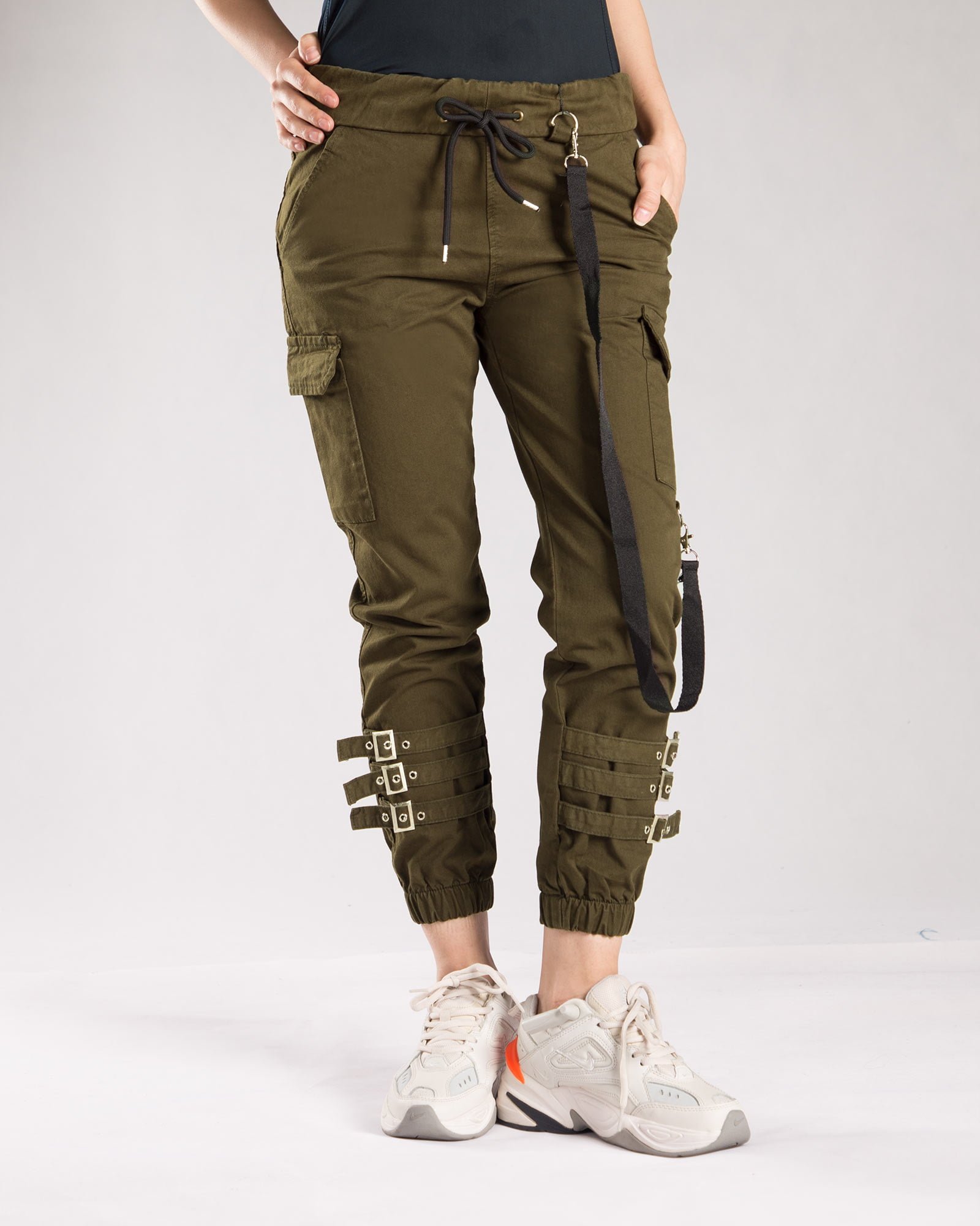 شلوار کتان بند دار زنانه - زیتونی - رو به رو