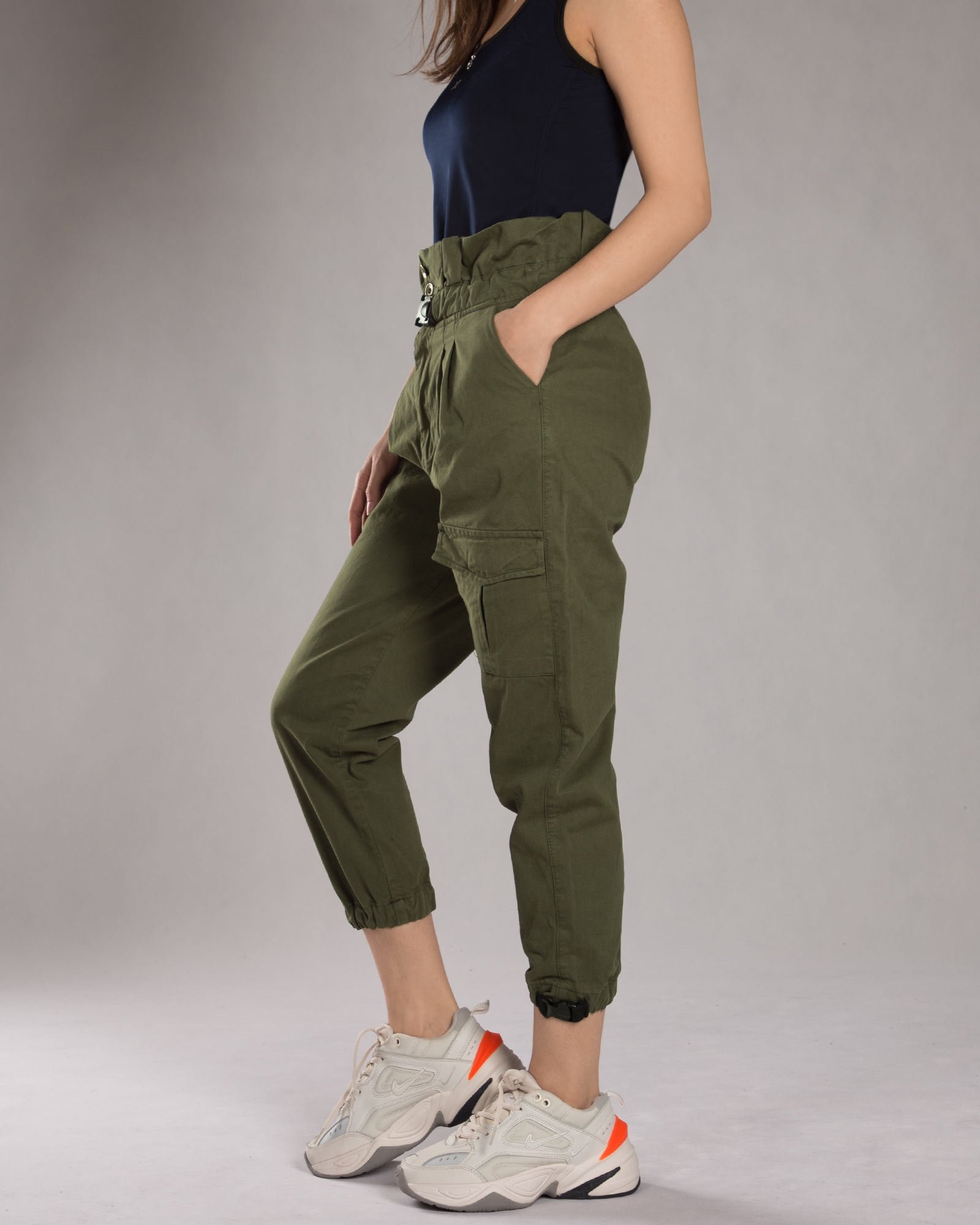 شلوار کتان گت دار زنانه - زیتونی - بغل