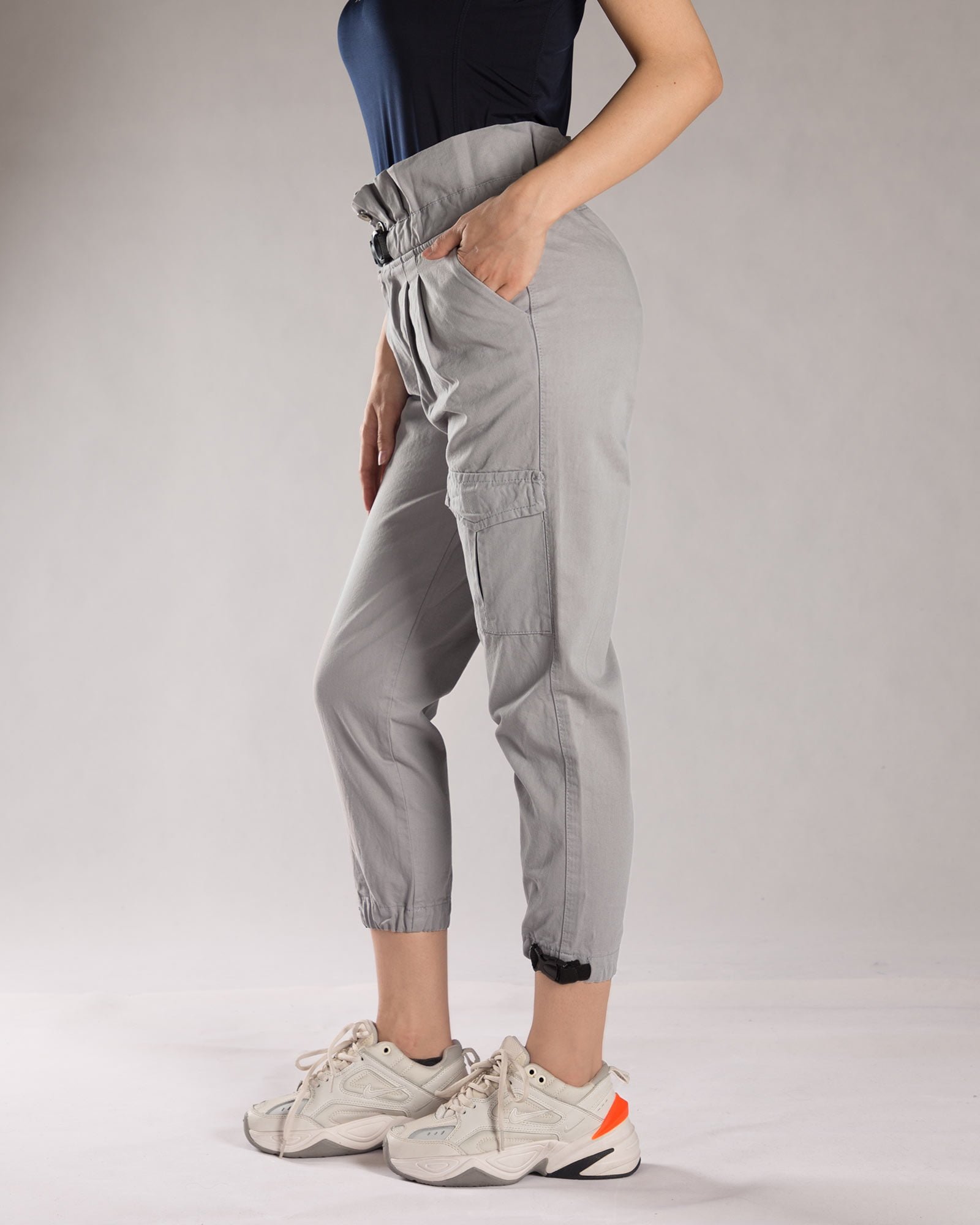 شلوار کتان گت دار زنانه - طوسی - بغل