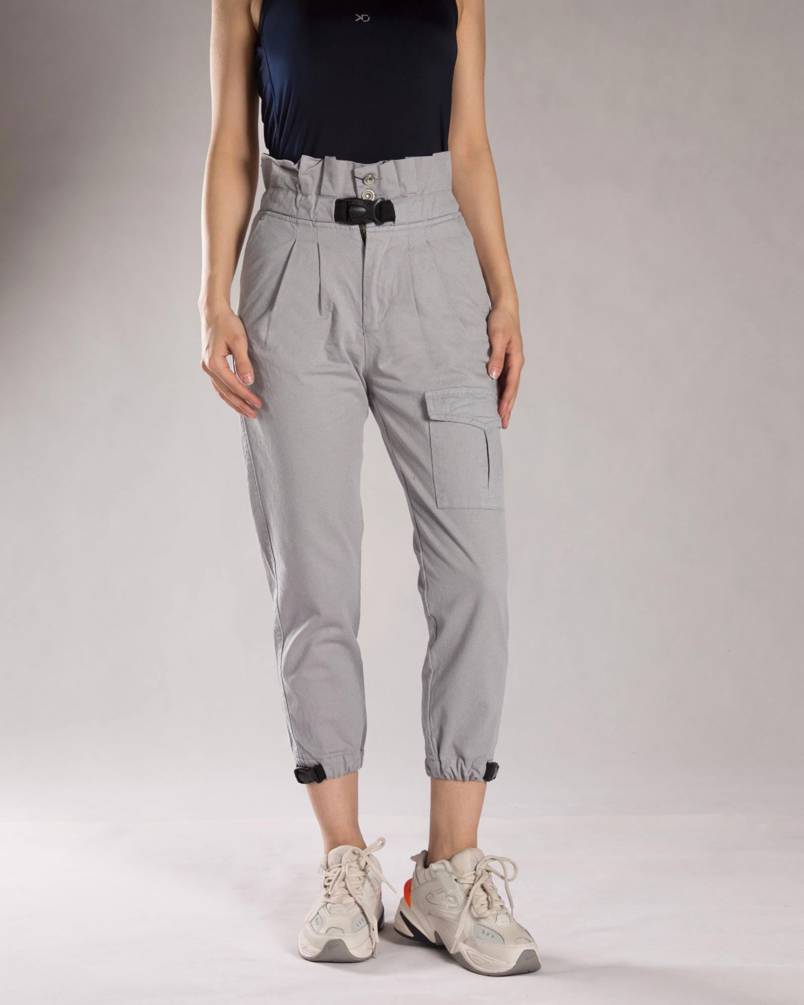 شلوار کتان گت دار زنانه - طوسی - رو به رو