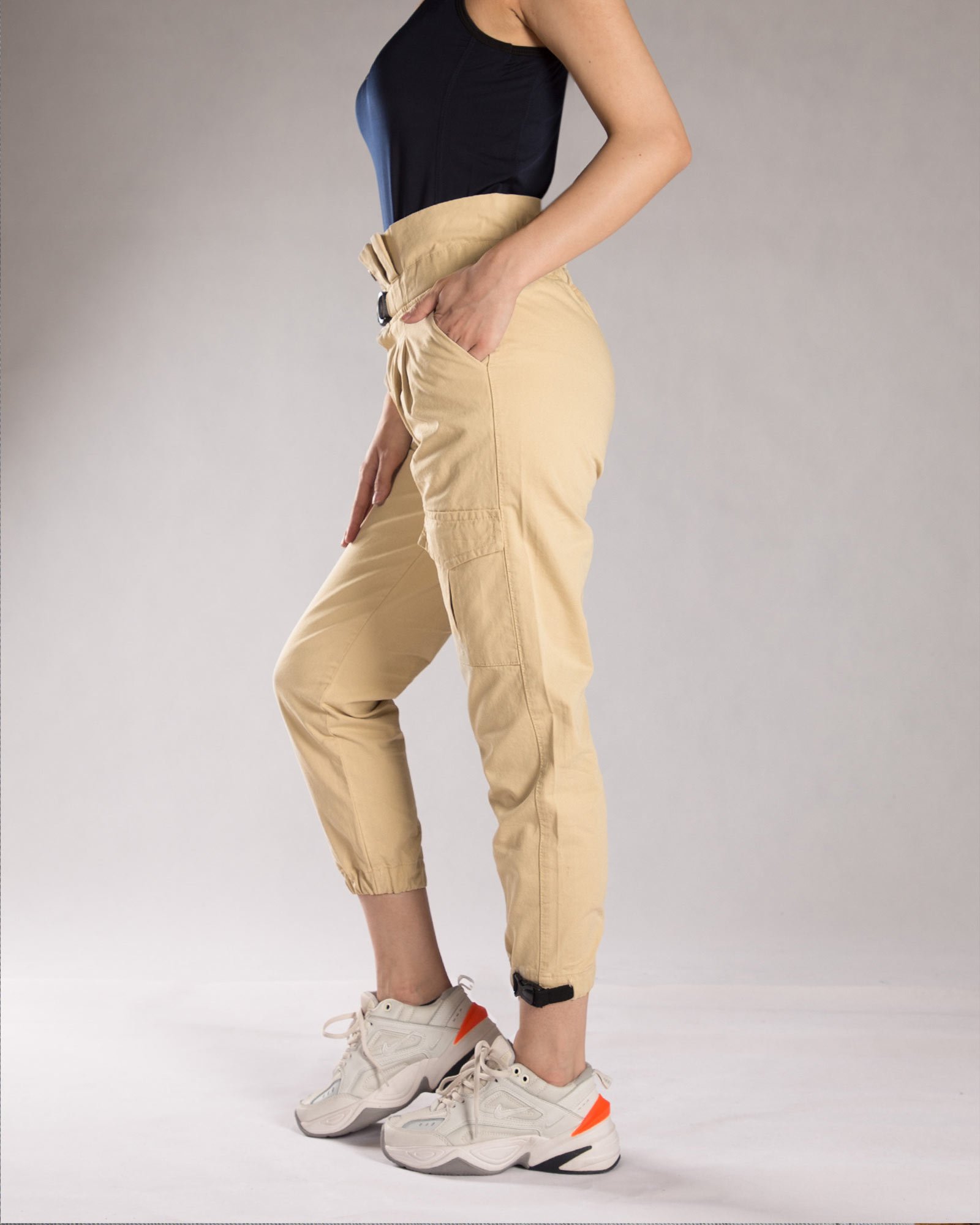 شلوار کتان گت دار زنانه - کرمی - بغل