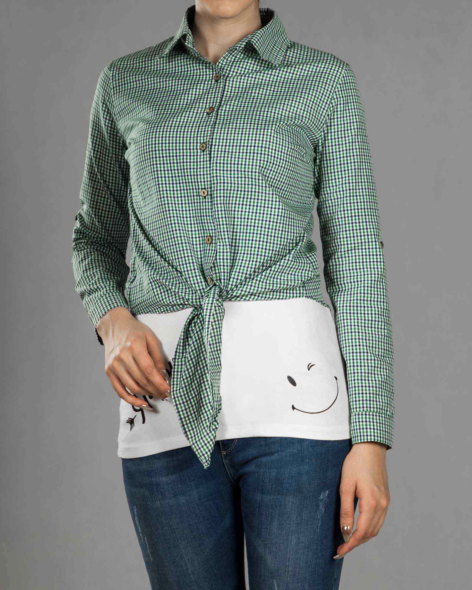 شومیز چهارخانه زنانه دو تکه - سفید - شومیز گره ای