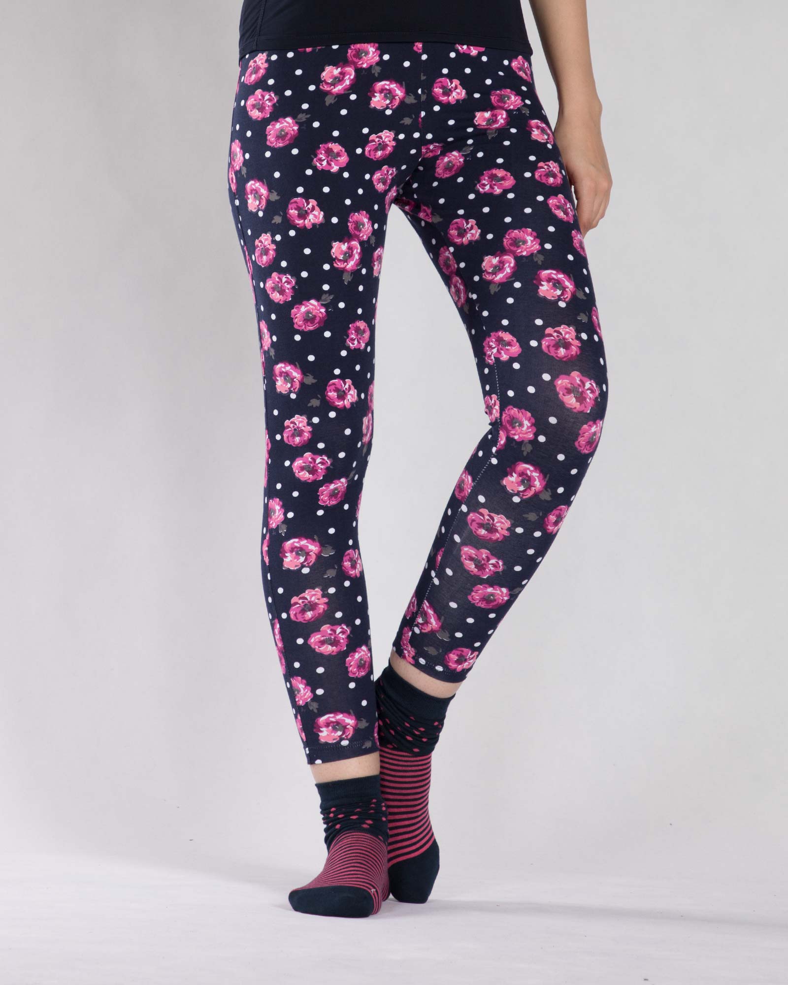 لگینگ زنانه نخی گلدار - سرمه ای - رو به رو