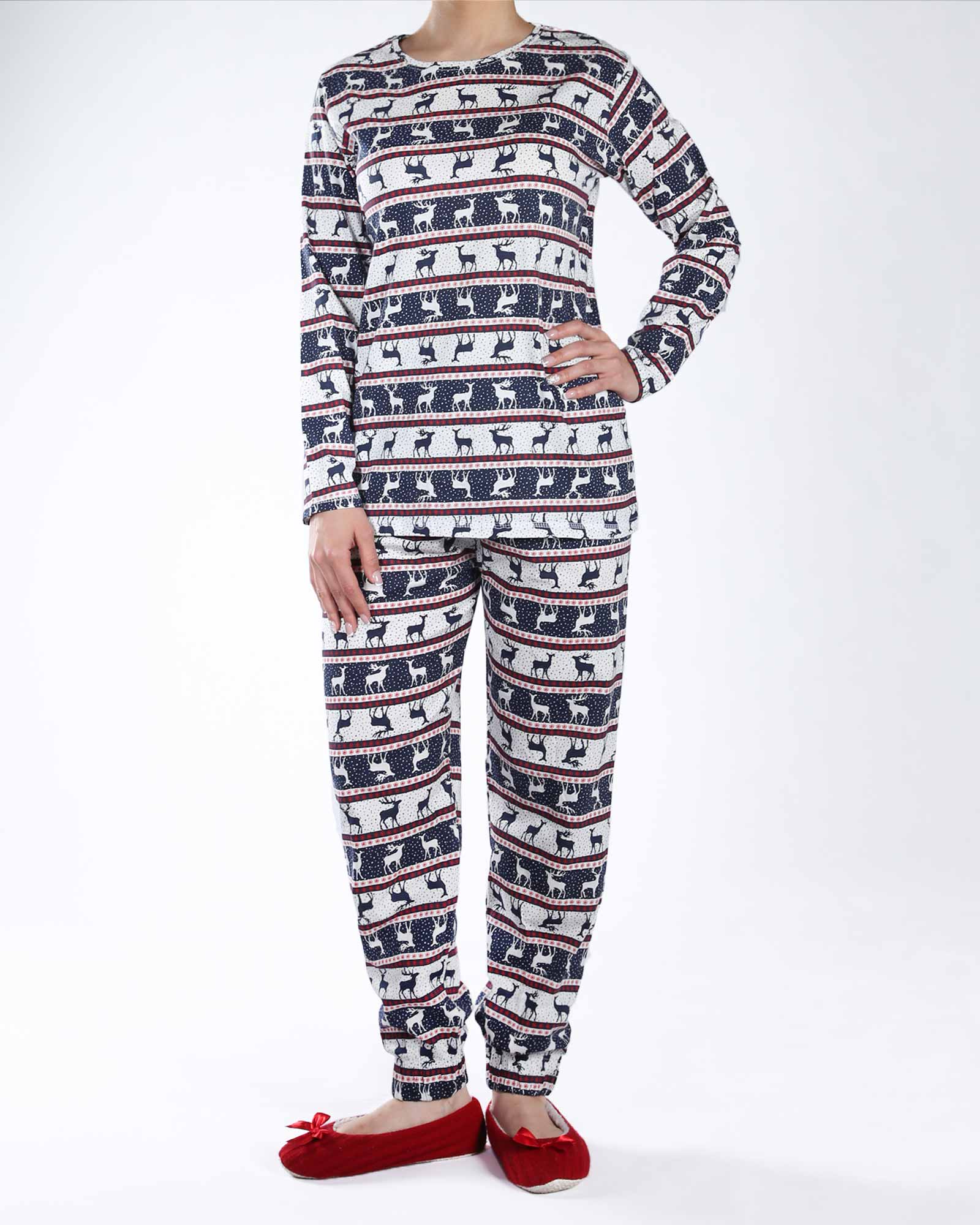 بلوز و شلوار زنانه طرح کریسمس - سرمه ای - رو به رو