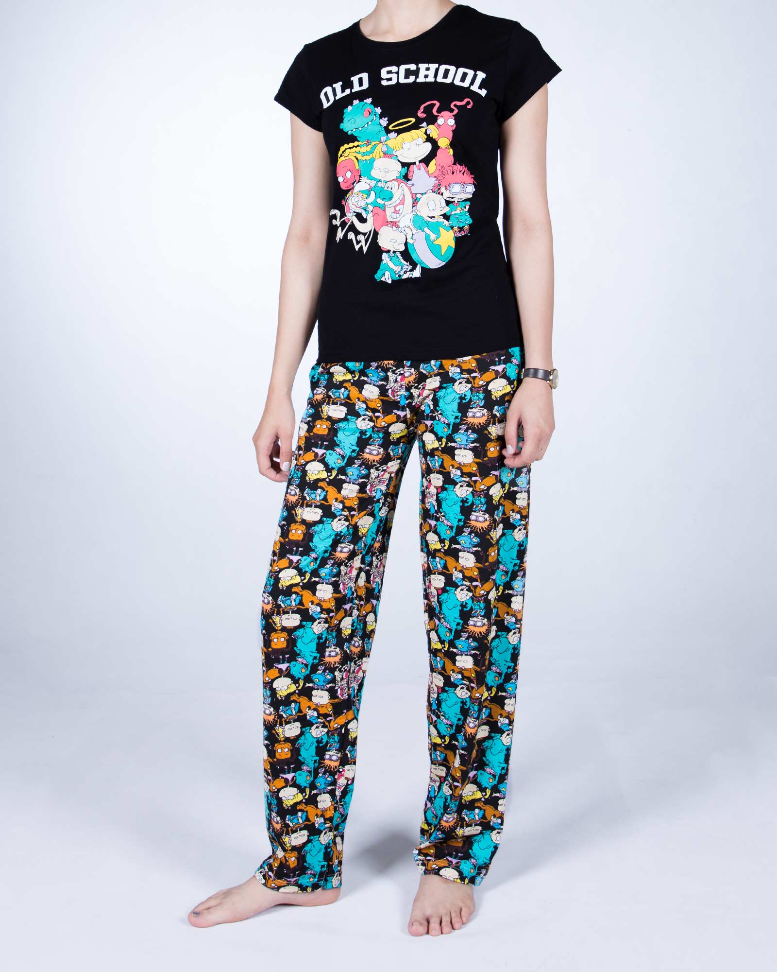 تیشرت شلوار خانگی زنانه طرح کارتونی - مشکی - رو به رو